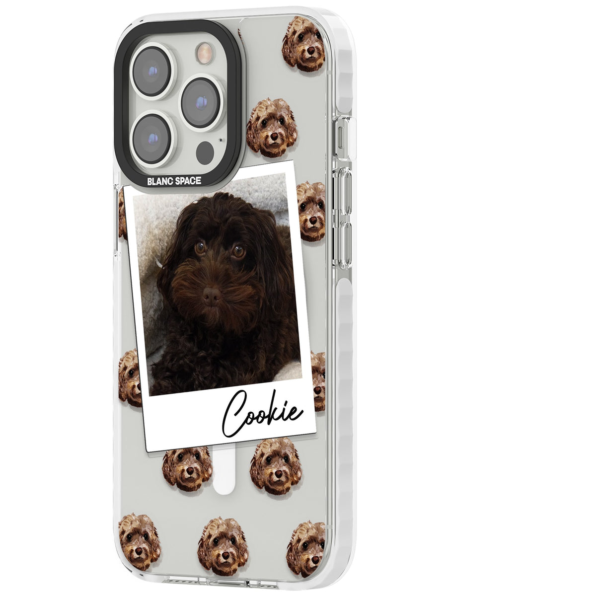 Personalised Brown Cockapoo Instant Camera Photo iPhone 13 Pro / iPhone 13 Pro Max / iPhone 14 Pro / iPhone 14 Pro Max / iPhone 15 Pro / iPhone 15 Pro Max Impact Pro Clear Phone Case side