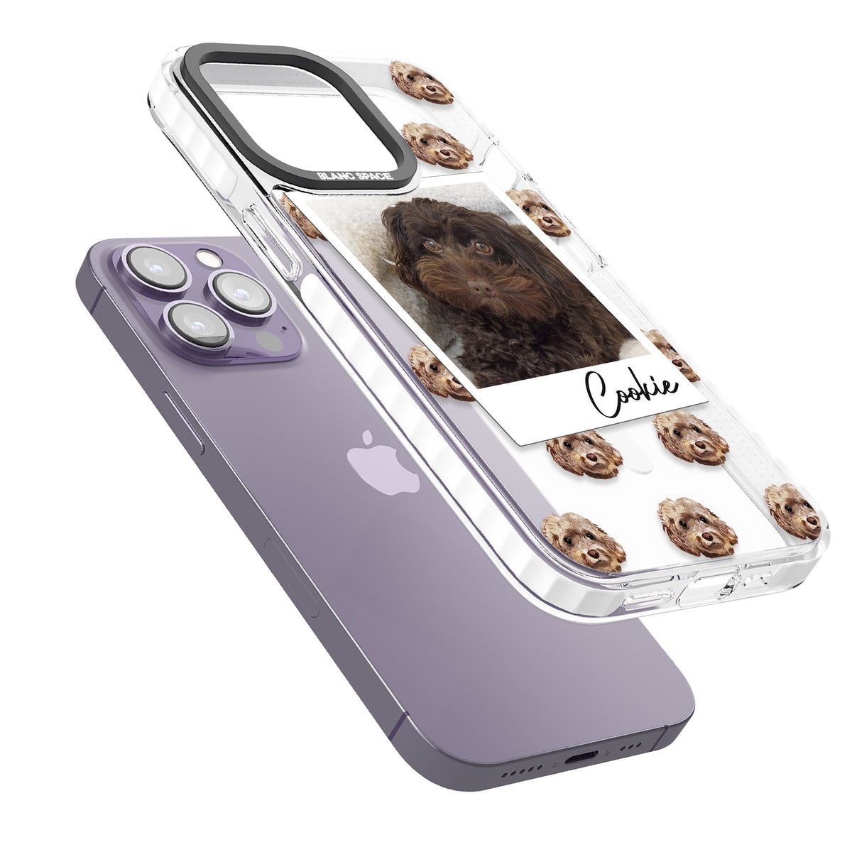 Personalised Brown Cockapoo Instant Camera Photo iPhone 13 Pro / iPhone 13 Pro Max / iPhone 14 Pro / iPhone 14 Pro Max / iPhone 15 Pro / iPhone 15 Pro Max Impact Pro Clear Phone Case angled
