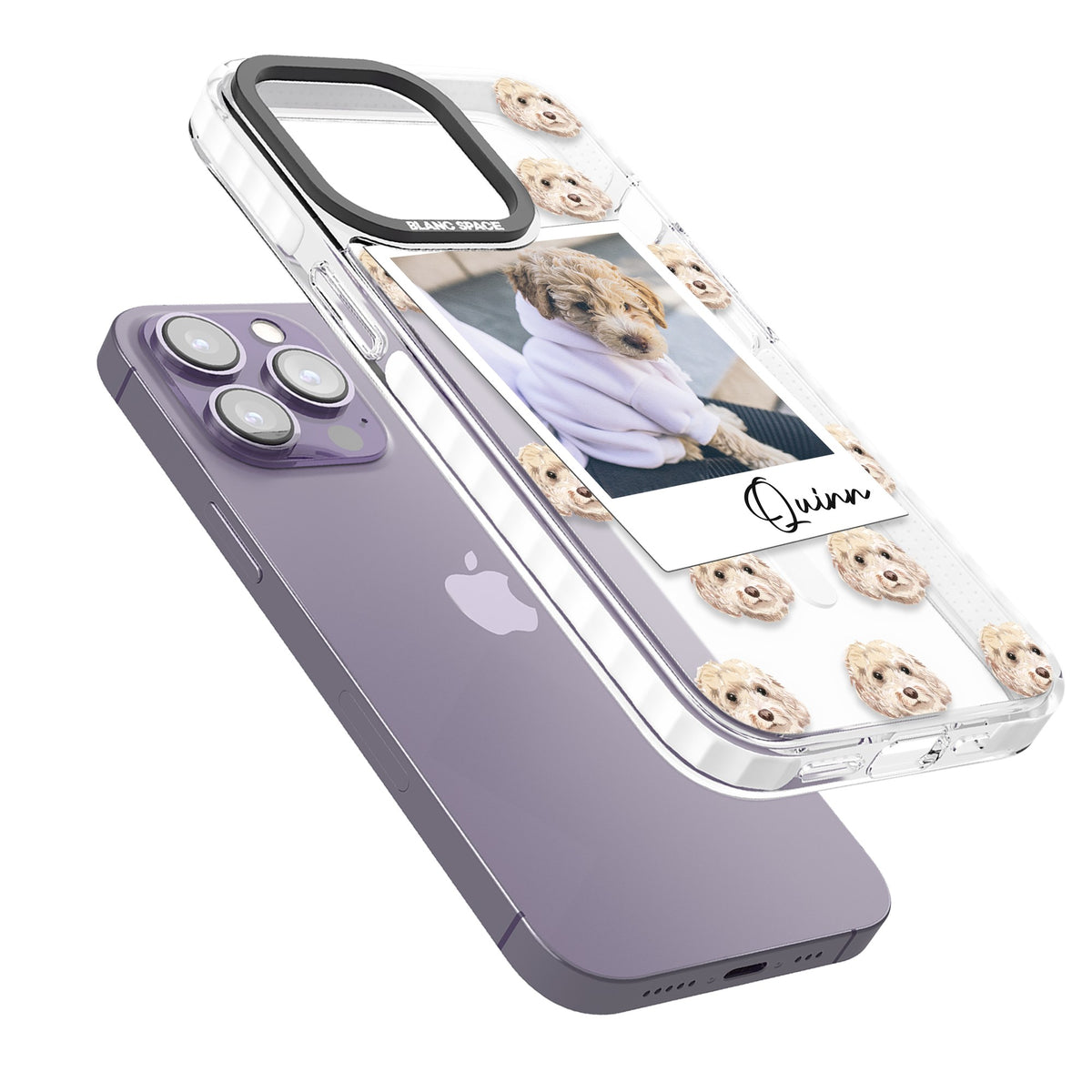 Personalised Cream Cockapoo Instant Camera Photo iPhone 13 Pro / iPhone 13 Pro Max / iPhone 14 Pro / iPhone 14 Pro Max / iPhone 15 Pro / iPhone 15 Pro Max Impact Pro Clear Phone Case angled