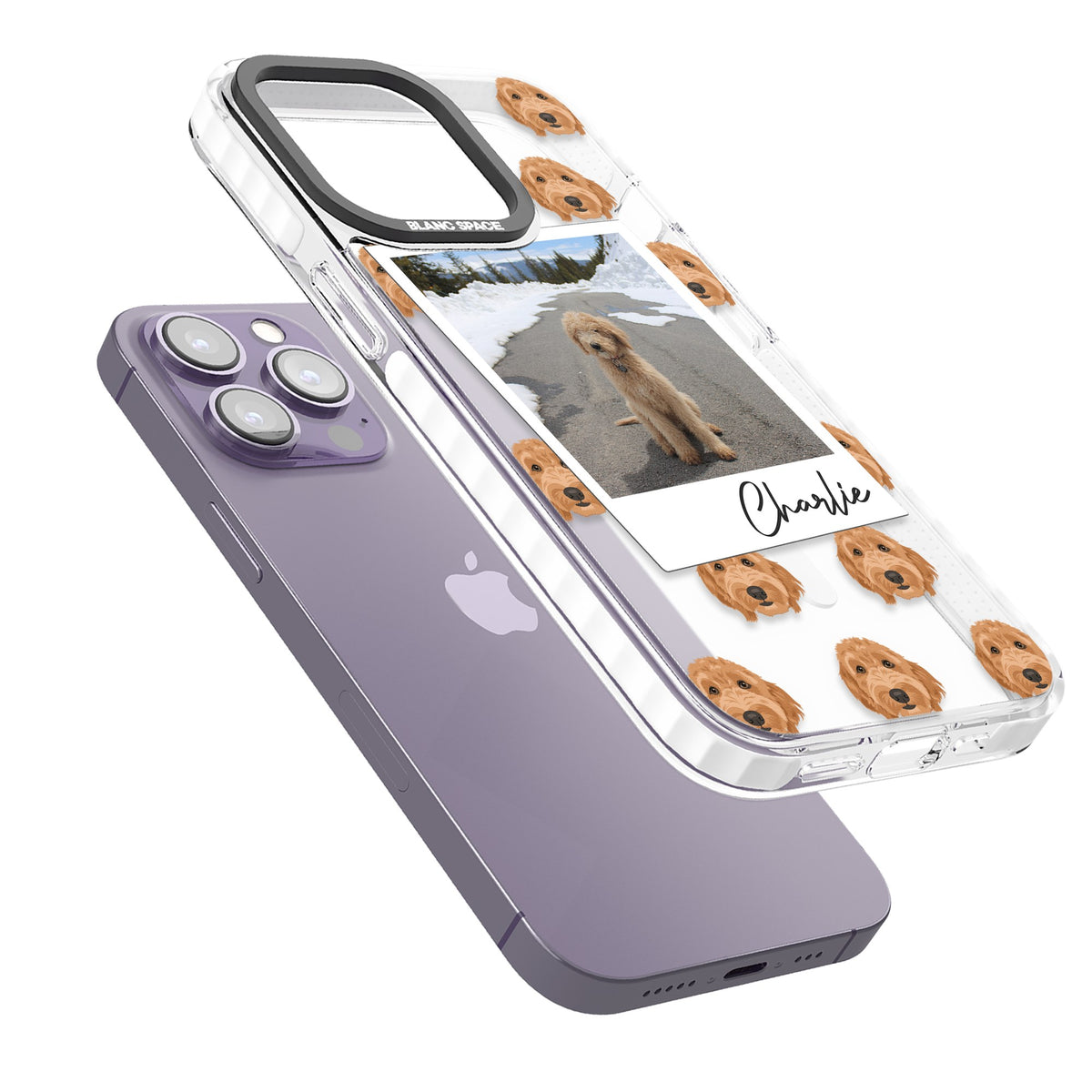 Personalised Golden Doodle Dog Photo iPhone 13 Pro / iPhone 13 Pro Max / iPhone 14 Pro / iPhone 14 Pro Max / iPhone 15 Pro / iPhone 15 Pro Max Impact Pro Clear Phone Case angled