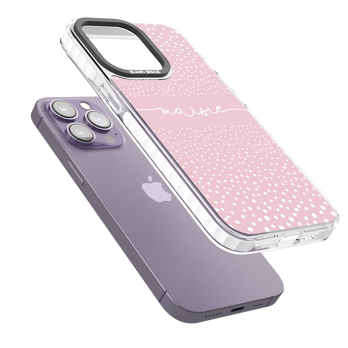Personalised Pink Dots iPhone 13 Pro / iPhone 13 Pro Max / iPhone 14 Pro / iPhone 14 Pro Max / iPhone 15 Pro / iPhone 15 Pro Max Impact Pro Clear Phone Case angled