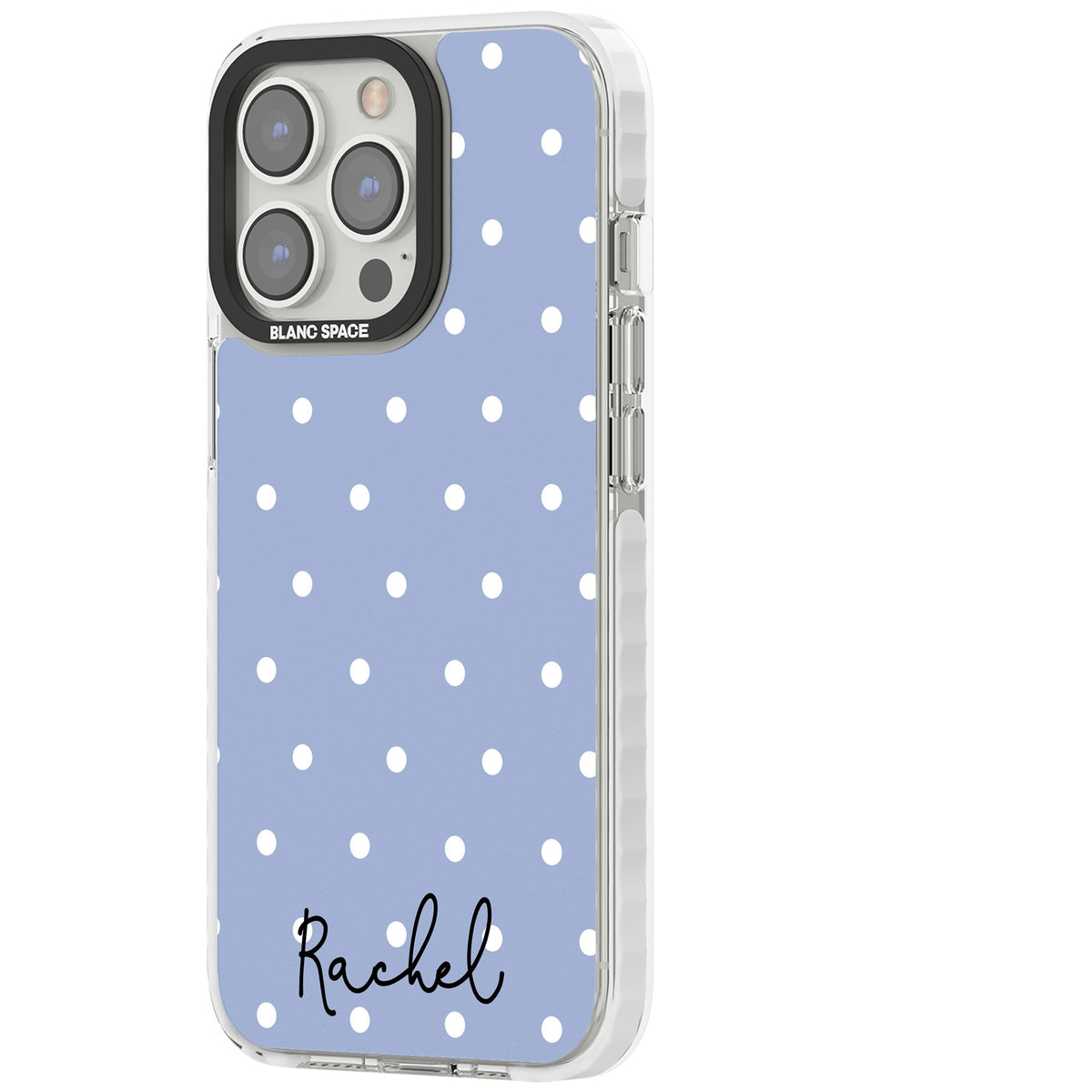 Personalised Powder Blue Dots iPhone 13 Pro / iPhone 13 Pro Max / iPhone 14 Pro / iPhone 14 Pro Max / iPhone 15 Pro / iPhone 15 Pro Max Impact Pro Clear Phone Case side