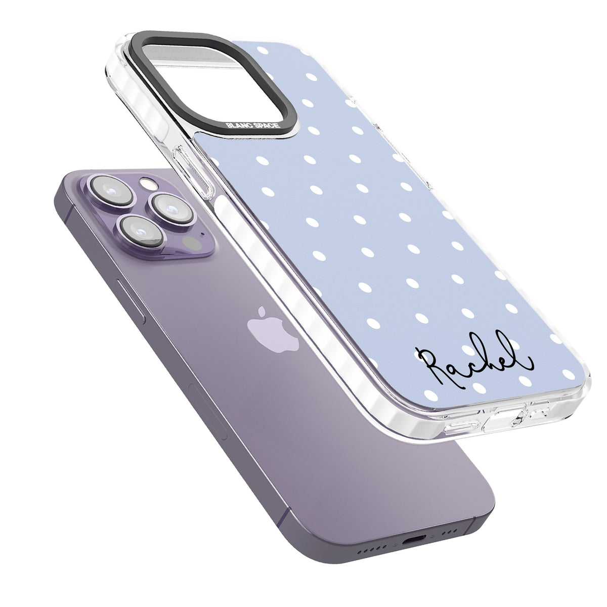 Personalised Powder Blue Dots iPhone 13 Pro / iPhone 13 Pro Max / iPhone 14 Pro / iPhone 14 Pro Max / iPhone 15 Pro / iPhone 15 Pro Max Impact Pro Clear Phone Case angled