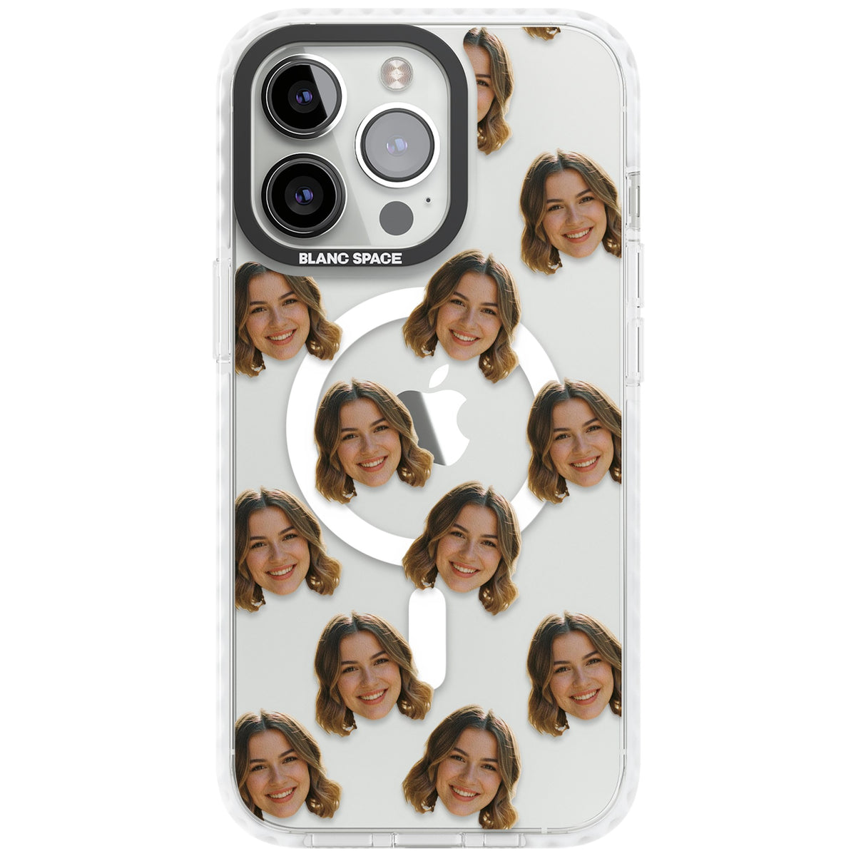 Falling Faces Pattern iPhone 13 Pro / iPhone 13 Pro Max / iPhone 14 Pro / iPhone 14 Pro Max / iPhone 15 Pro / iPhone 15 Pro Max Impact Pro Clear Phone Case front
