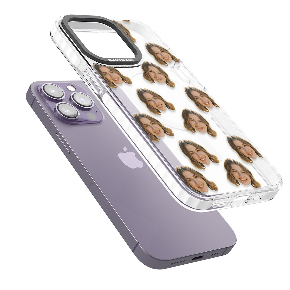 Falling Faces Pattern iPhone 13 Pro / iPhone 13 Pro Max / iPhone 14 Pro / iPhone 14 Pro Max / iPhone 15 Pro / iPhone 15 Pro Max Impact Pro Clear Phone Case angled