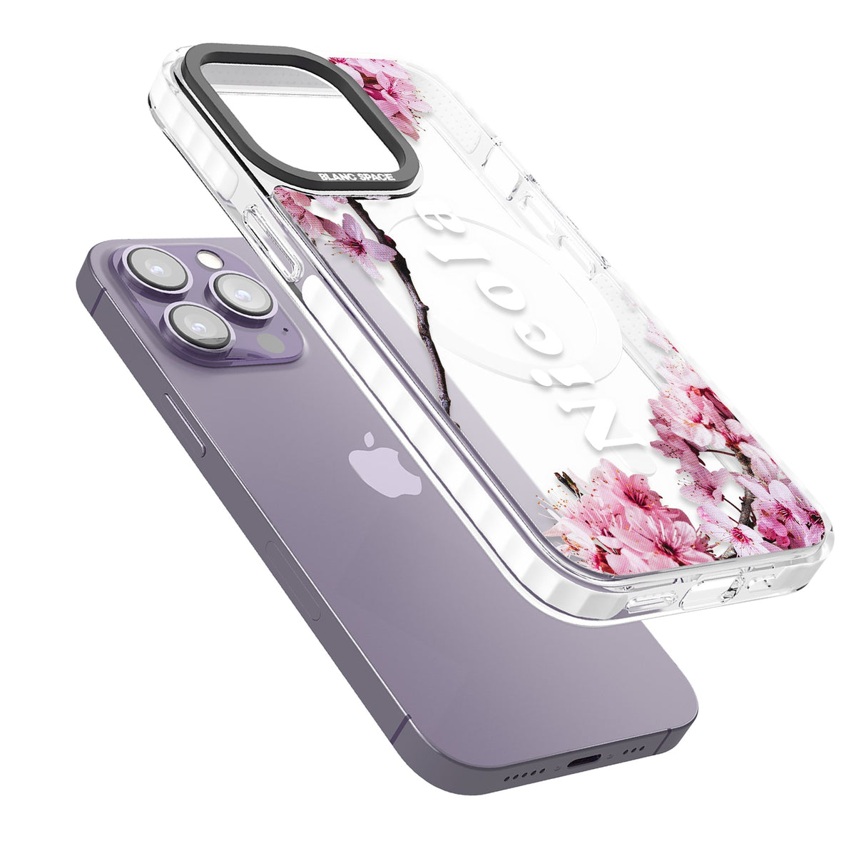 Personalised Cherry Blossom iPhone 13 Pro / iPhone 13 Pro Max / iPhone 14 Pro / iPhone 14 Pro Max / iPhone 15 Pro / iPhone 15 Pro Max Impact Pro Clear Phone Case angled
