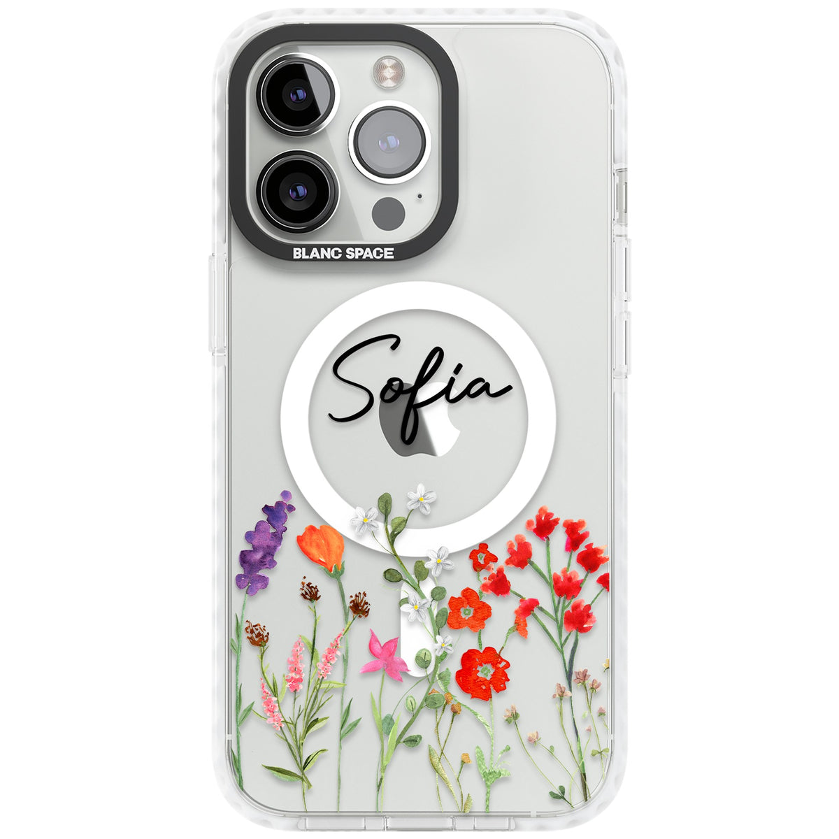 Personalised Spring Wildflowers iPhone 13 Pro / iPhone 13 Pro Max / iPhone 14 Pro / iPhone 14 Pro Max / iPhone 15 Pro / iPhone 15 Pro Max Impact Pro Clear Phone Case front