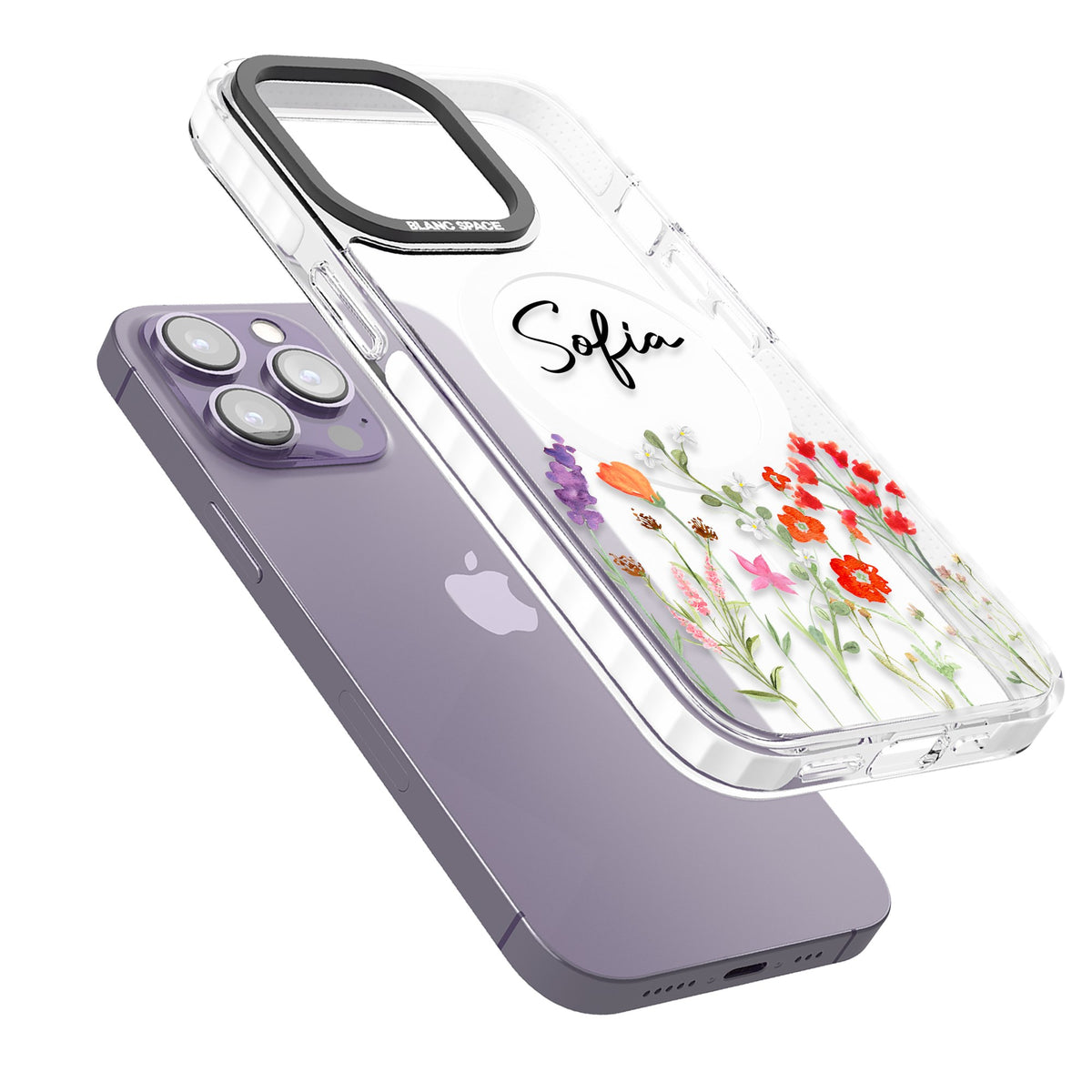 Personalised Spring Wildflowers iPhone 13 Pro / iPhone 13 Pro Max / iPhone 14 Pro / iPhone 14 Pro Max / iPhone 15 Pro / iPhone 15 Pro Max Impact Pro Clear Phone Case angled