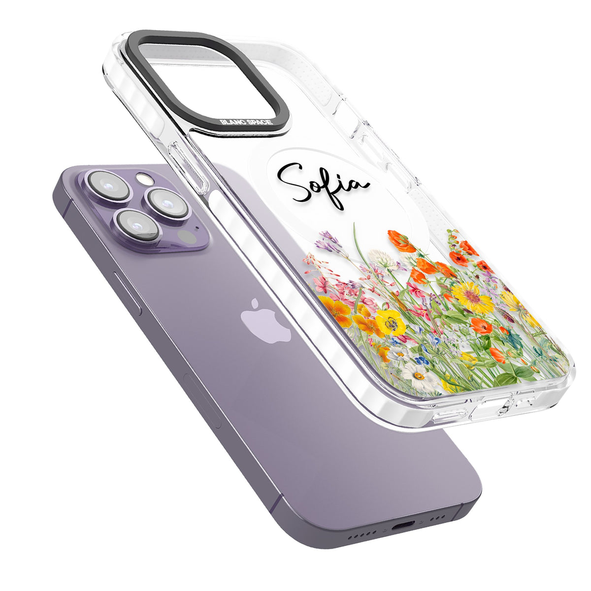 Personalised Summer Wildflowers iPhone 13 Pro / iPhone 13 Pro Max / iPhone 14 Pro / iPhone 14 Pro Max / iPhone 15 Pro / iPhone 15 Pro Max Impact Pro Clear Phone Case angled