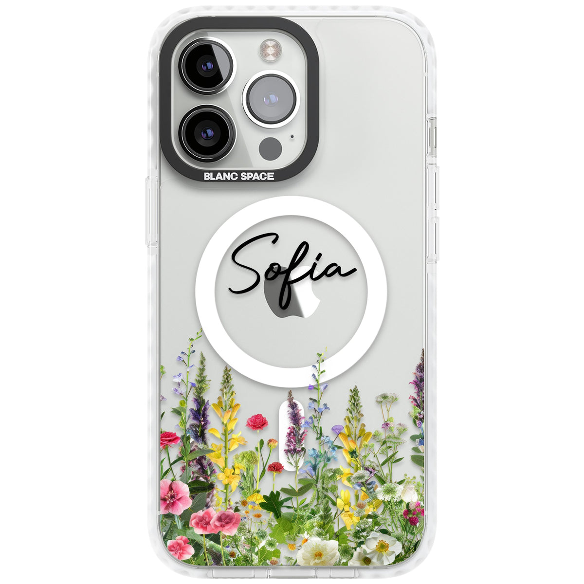 Personalised Garden Wildfowers iPhone 13 Pro / iPhone 13 Pro Max / iPhone 14 Pro / iPhone 14 Pro Max / iPhone 15 Pro / iPhone 15 Pro Max Impact Pro Clear Phone Case front