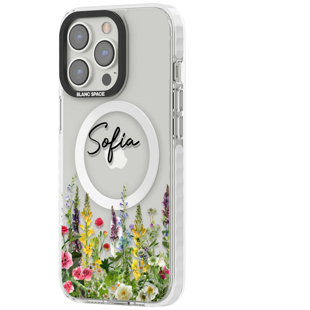 Personalised Garden Wildfowers iPhone 13 Pro / iPhone 13 Pro Max / iPhone 14 Pro / iPhone 14 Pro Max / iPhone 15 Pro / iPhone 15 Pro Max Impact Pro Clear Phone Case side