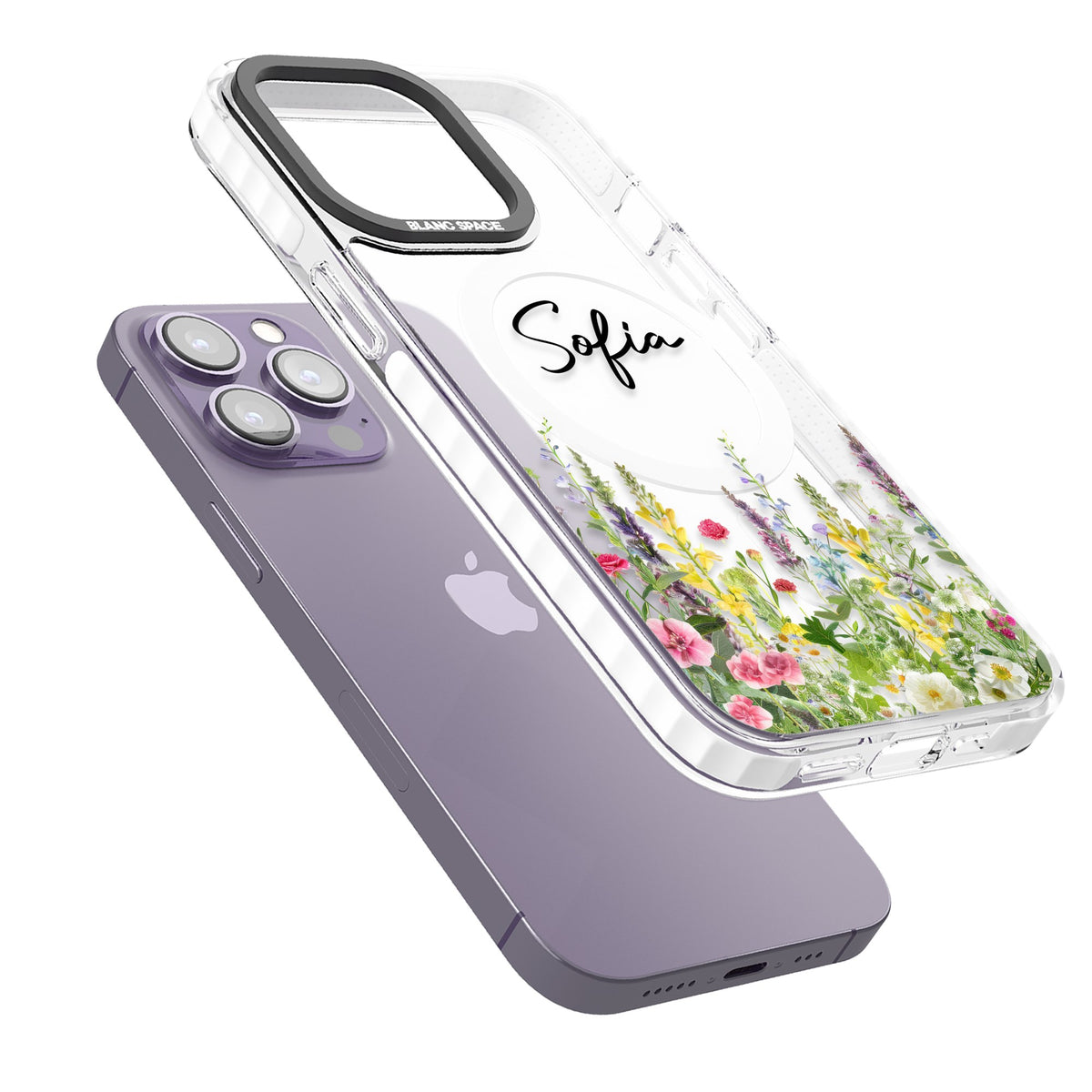 Personalised Garden Wildfowers iPhone 13 Pro / iPhone 13 Pro Max / iPhone 14 Pro / iPhone 14 Pro Max / iPhone 15 Pro / iPhone 15 Pro Max Impact Pro Clear Phone Case angled