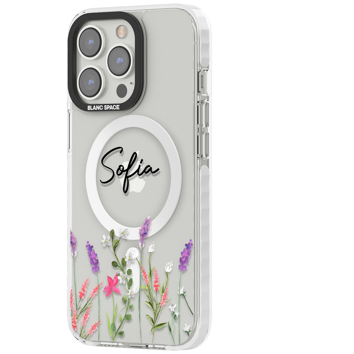 Personalised Lavender Wildflowers iPhone 13 Pro / iPhone 13 Pro Max / iPhone 14 Pro / iPhone 14 Pro Max / iPhone 15 Pro / iPhone 15 Pro Max Impact Pro Clear Phone Case side