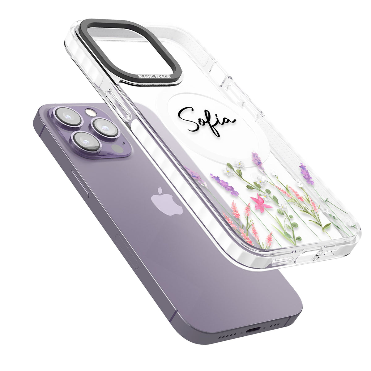 Personalised Lavender Wildflowers iPhone 13 Pro / iPhone 13 Pro Max / iPhone 14 Pro / iPhone 14 Pro Max / iPhone 15 Pro / iPhone 15 Pro Max Impact Pro Clear Phone Case angled