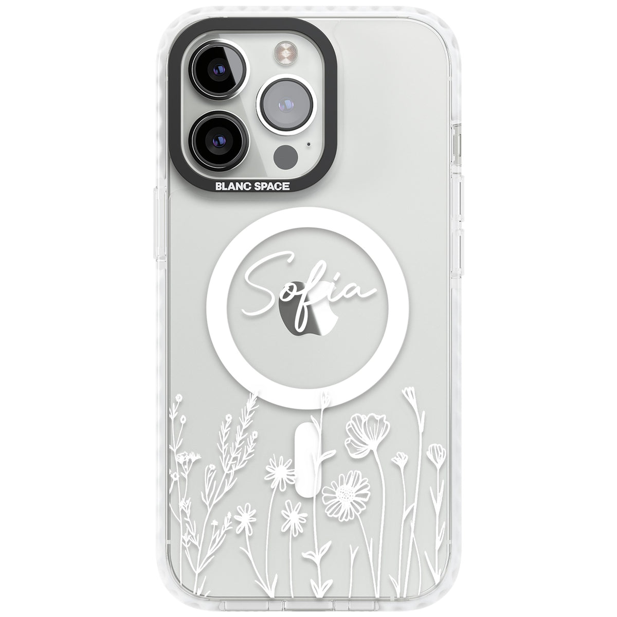 Personalised White Wildflowers iPhone 13 Pro / iPhone 13 Pro Max / iPhone 14 Pro / iPhone 14 Pro Max / iPhone 15 Pro / iPhone 15 Pro Max Impact Pro Clear Phone Case front