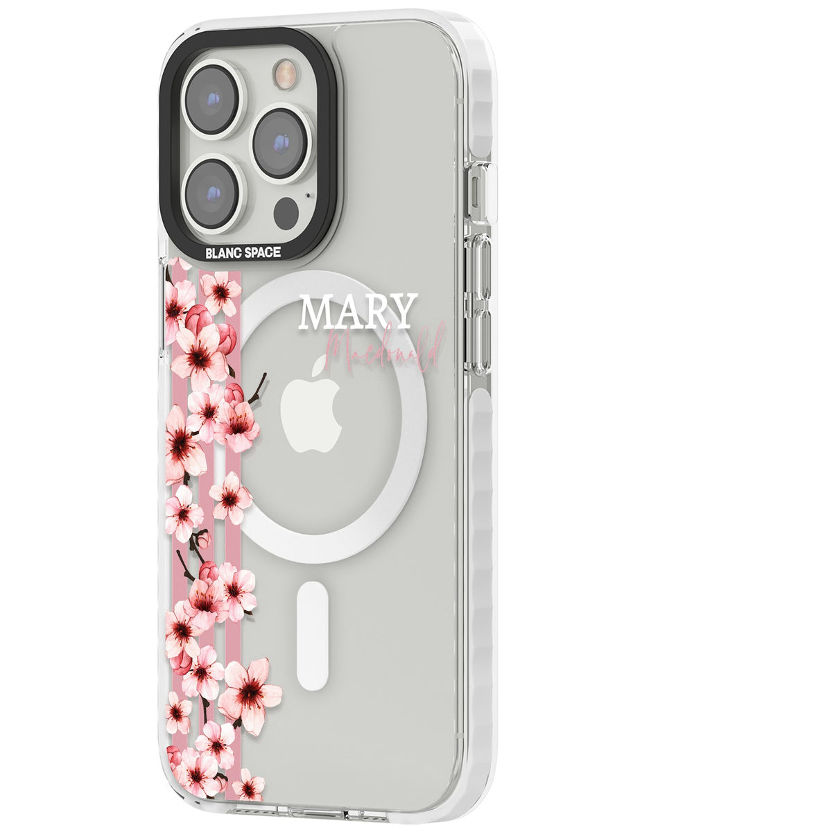 Personalised Cherry Blossom Stripe iPhone 13 Pro / iPhone 13 Pro Max / iPhone 14 Pro / iPhone 14 Pro Max / iPhone 15 Pro / iPhone 15 Pro Max Impact Pro Clear Phone Case side