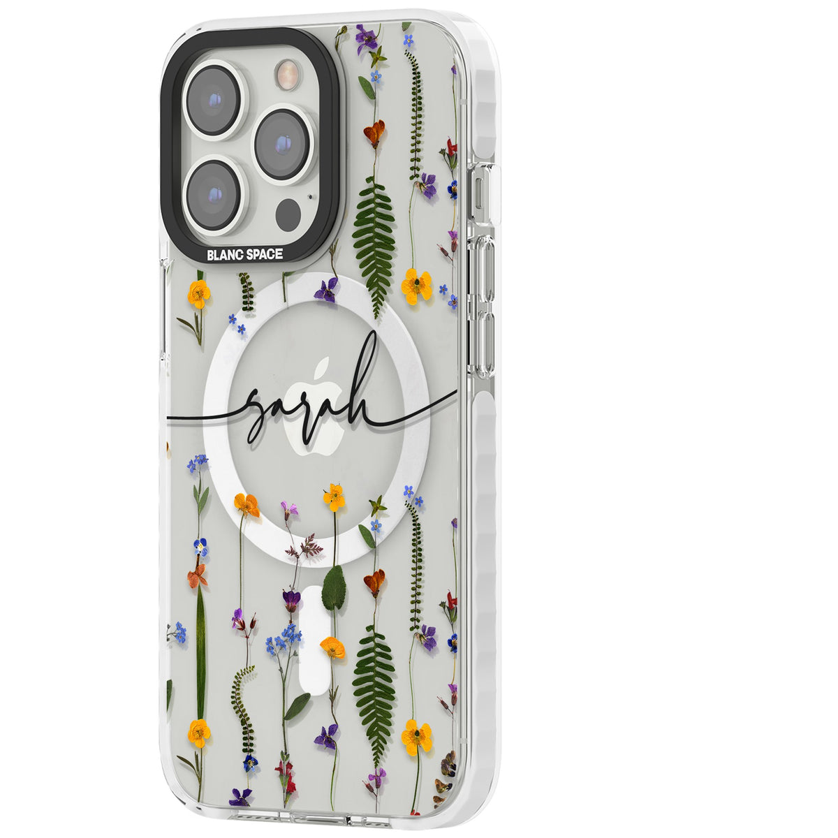 Personalised Wildflower Chain iPhone 13 Pro / iPhone 13 Pro Max / iPhone 14 Pro / iPhone 14 Pro Max / iPhone 15 Pro / iPhone 15 Pro Max Impact Pro Clear Phone Case side