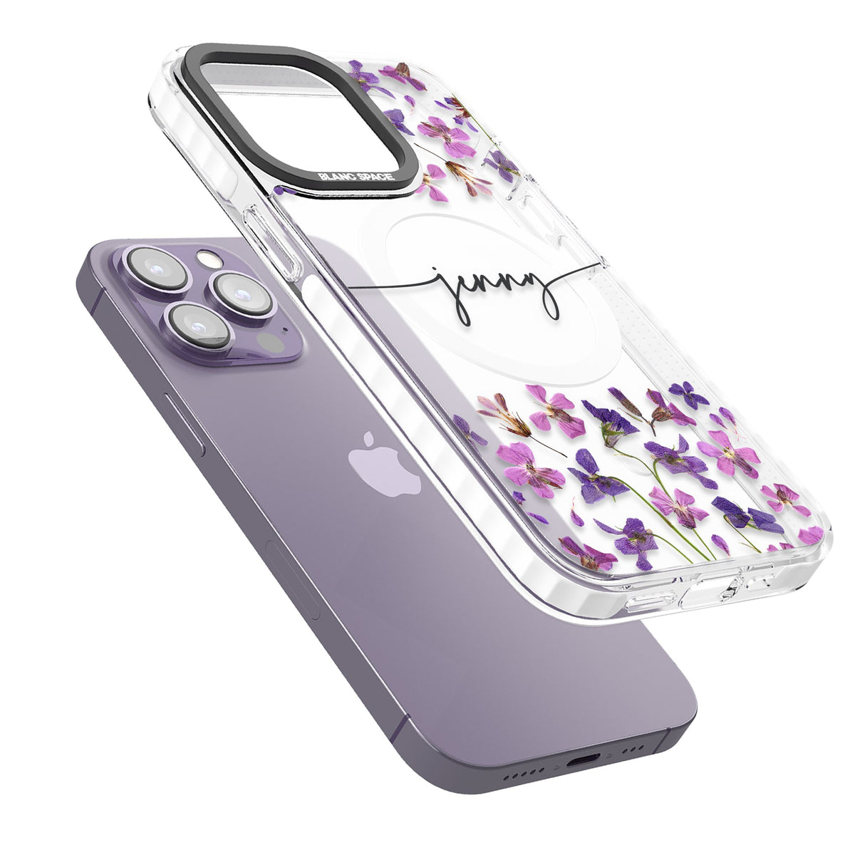 Personalised Purple Wildflowers iPhone 13 Pro / iPhone 13 Pro Max / iPhone 14 Pro / iPhone 14 Pro Max / iPhone 15 Pro / iPhone 15 Pro Max Impact Pro Clear Phone Case angled