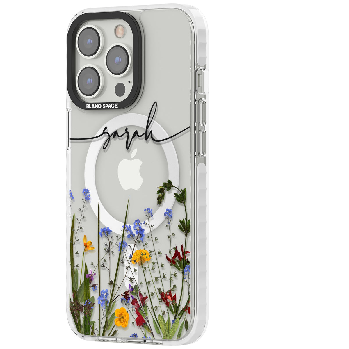Personalised Wildflower Script iPhone 13 Pro / iPhone 13 Pro Max / iPhone 14 Pro / iPhone 14 Pro Max / iPhone 15 Pro / iPhone 15 Pro Max Impact Pro Clear Phone Case side