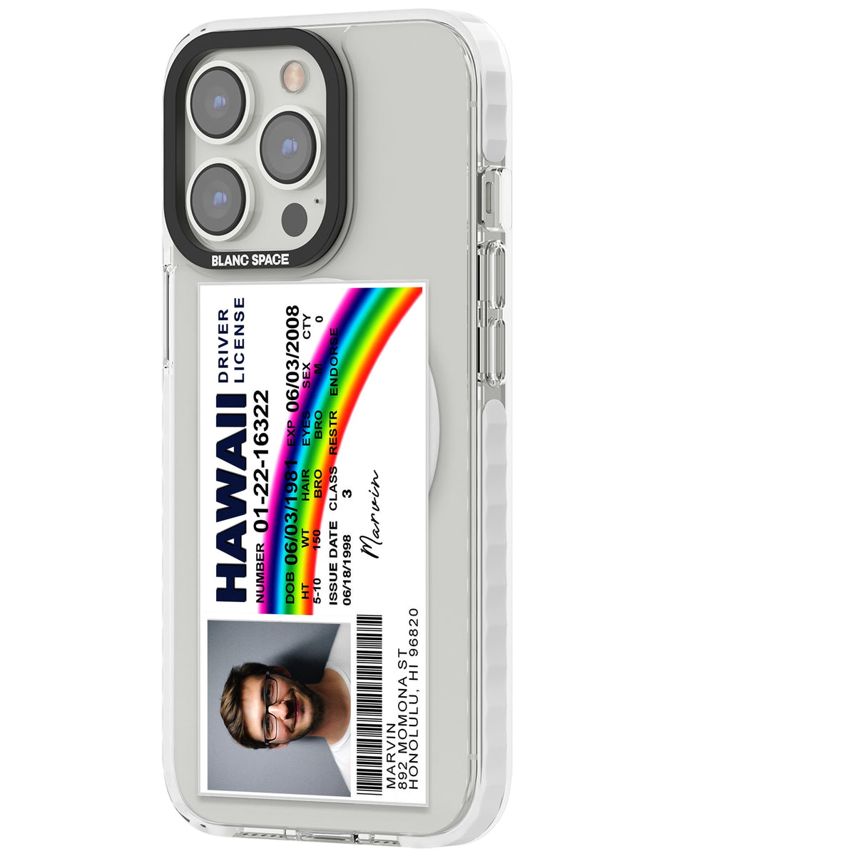 Personalised Hawaii Driving License iPhone 13 Pro / iPhone 13 Pro Max / iPhone 14 Pro / iPhone 14 Pro Max / iPhone 15 Pro / iPhone 15 Pro Max Impact Pro Clear Phone Case side