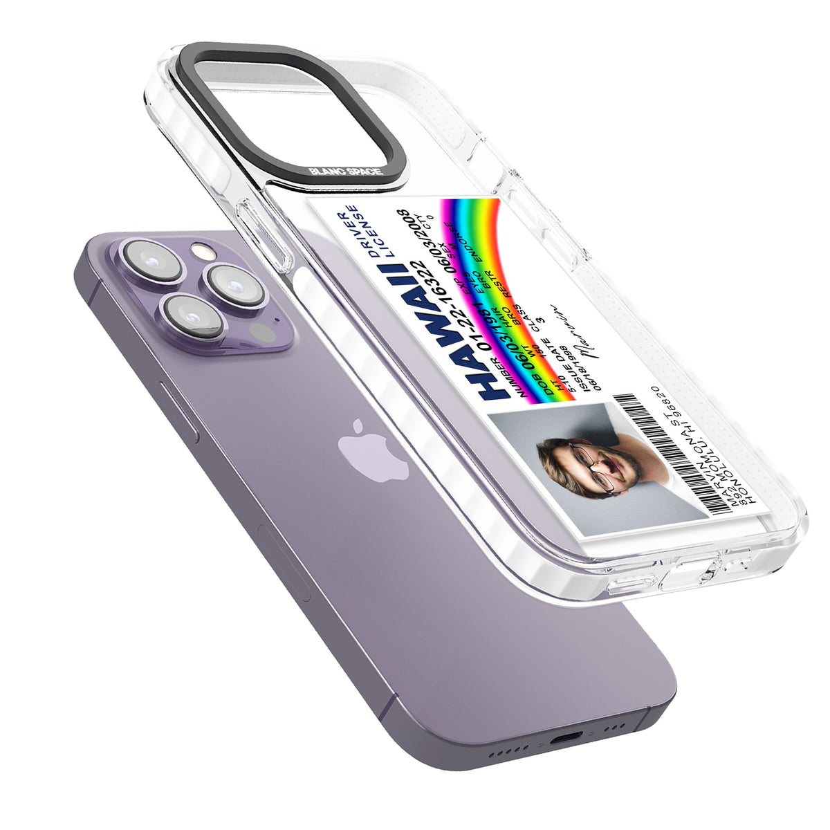 Personalised Hawaii Driving License iPhone 13 Pro / iPhone 13 Pro Max / iPhone 14 Pro / iPhone 14 Pro Max / iPhone 15 Pro / iPhone 15 Pro Max Impact Pro Clear Phone Case angled