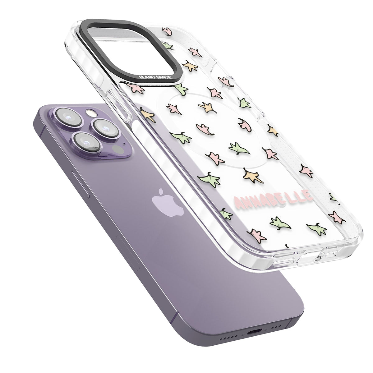 Personalised Heartstopper Leaves Pattern iPhone 13 Pro / iPhone 13 Pro Max / iPhone 14 Pro / iPhone 14 Pro Max / iPhone 15 Pro / iPhone 15 Pro Max Impact Pro Clear Phone Case angled