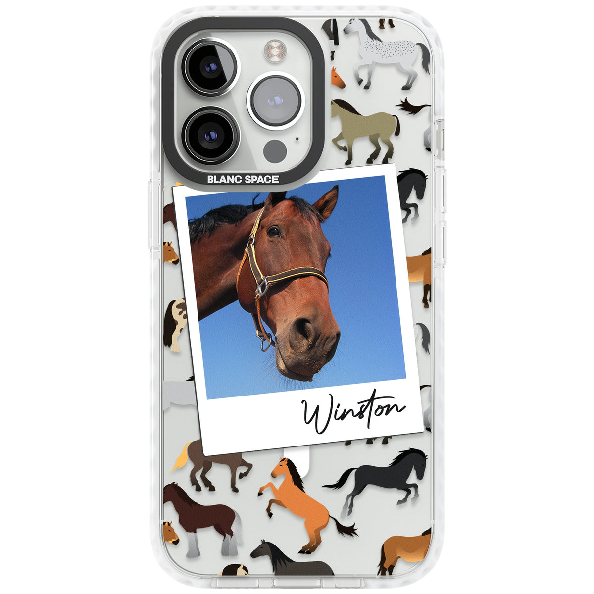Personalised Horse Polaroid iPhone 13 Pro / iPhone 13 Pro Max / iPhone 14 Pro / iPhone 14 Pro Max / iPhone 15 Pro / iPhone 15 Pro Max Impact Pro Clear Phone Case front
