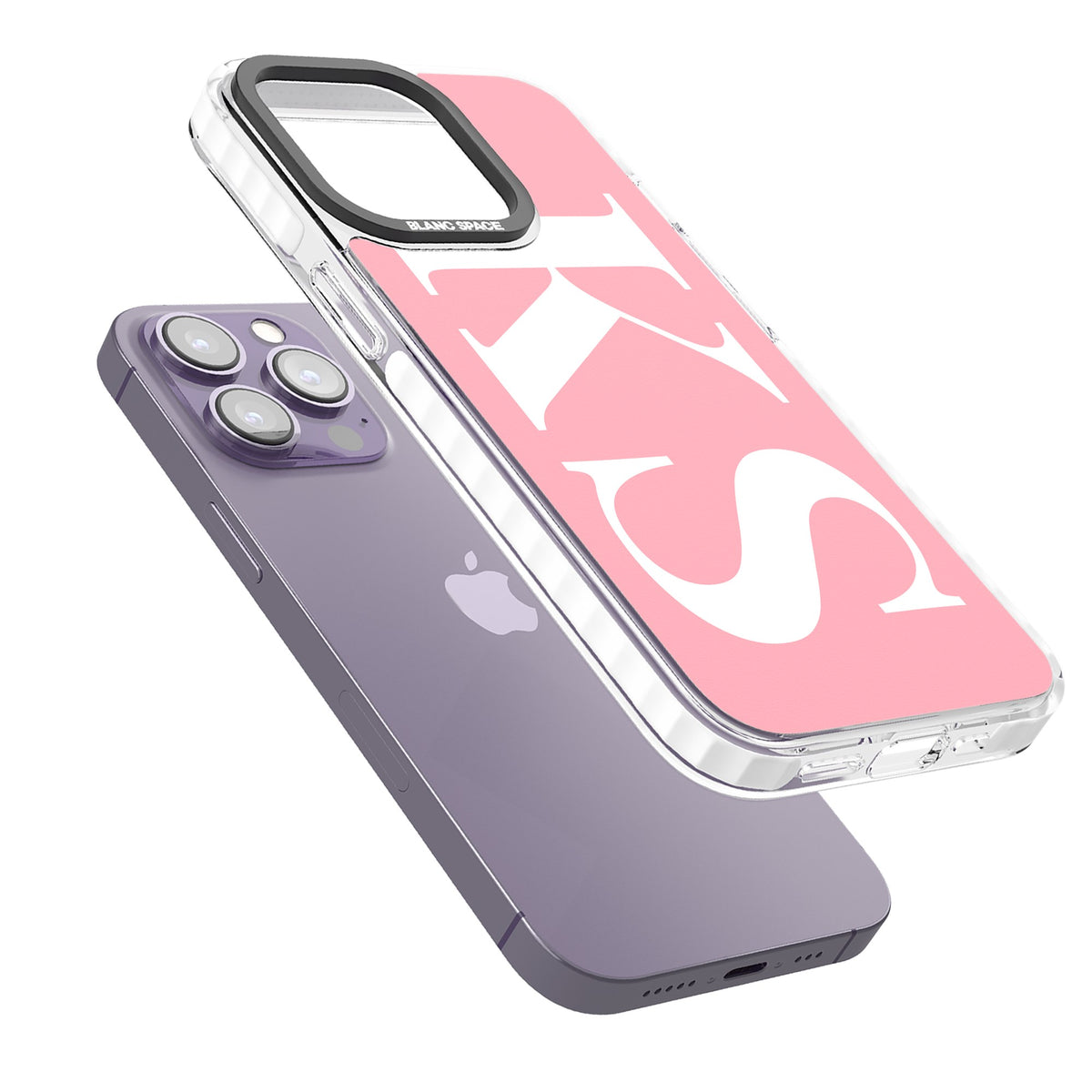 Personalised White & Pink Letters iPhone 13 Pro / iPhone 13 Pro Max / iPhone 14 Pro / iPhone 14 Pro Max / iPhone 15 Pro / iPhone 15 Pro Max Impact Pro Clear Phone Case angled