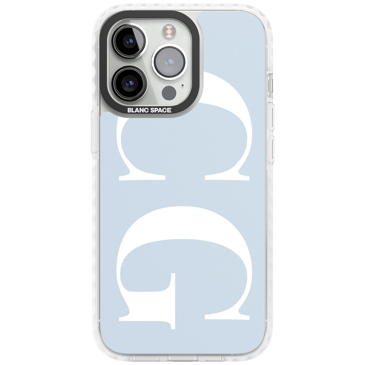 Personalised White & Blue Letters iPhone 13 Pro / iPhone 13 Pro Max / iPhone 14 Pro / iPhone 14 Pro Max / iPhone 15 Pro / iPhone 15 Pro Max Impact Pro Clear Phone Case front