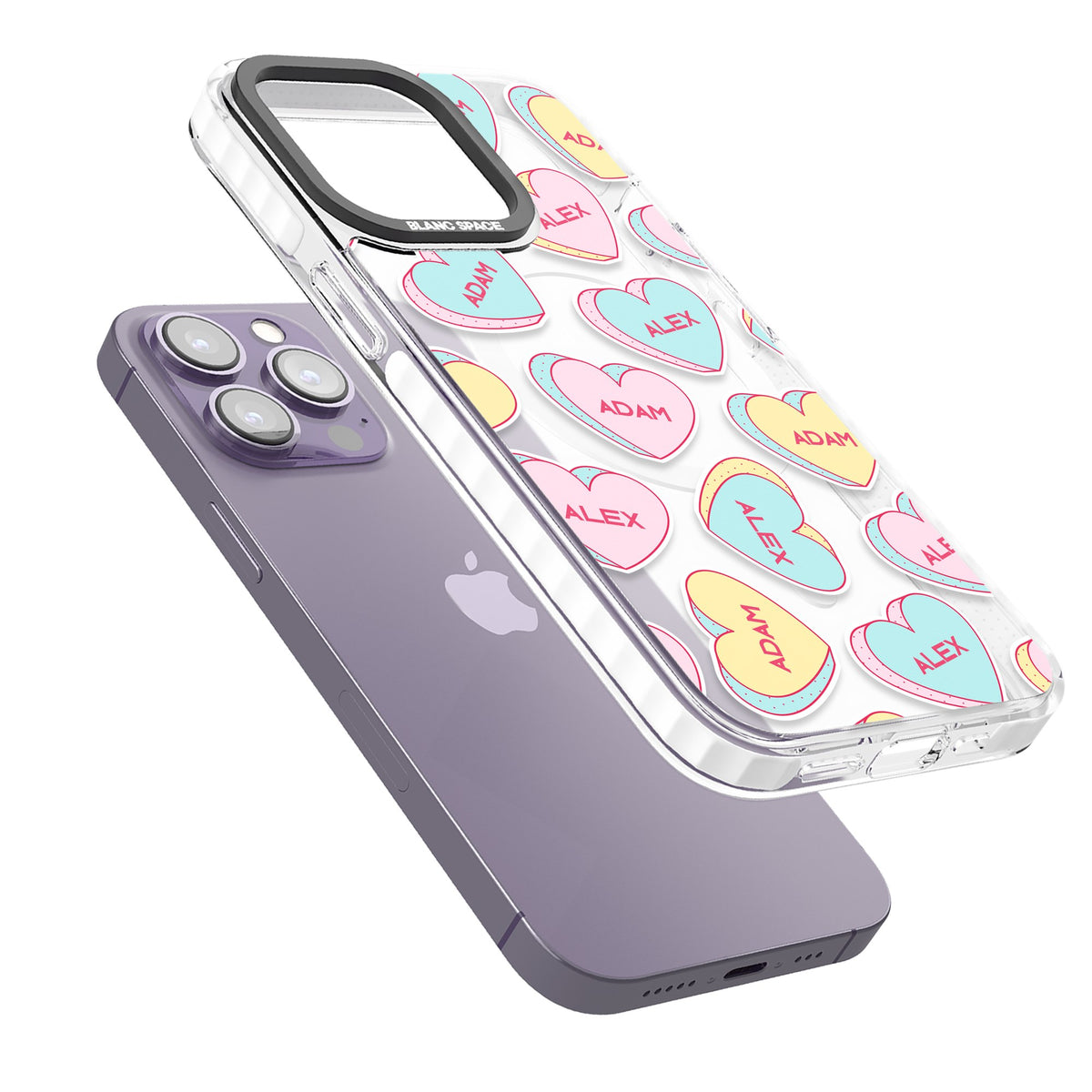 Personalised Love Heart Sweets iPhone 13 Pro / iPhone 13 Pro Max / iPhone 14 Pro / iPhone 14 Pro Max / iPhone 15 Pro / iPhone 15 Pro Max Impact Pro Clear Phone Case angled