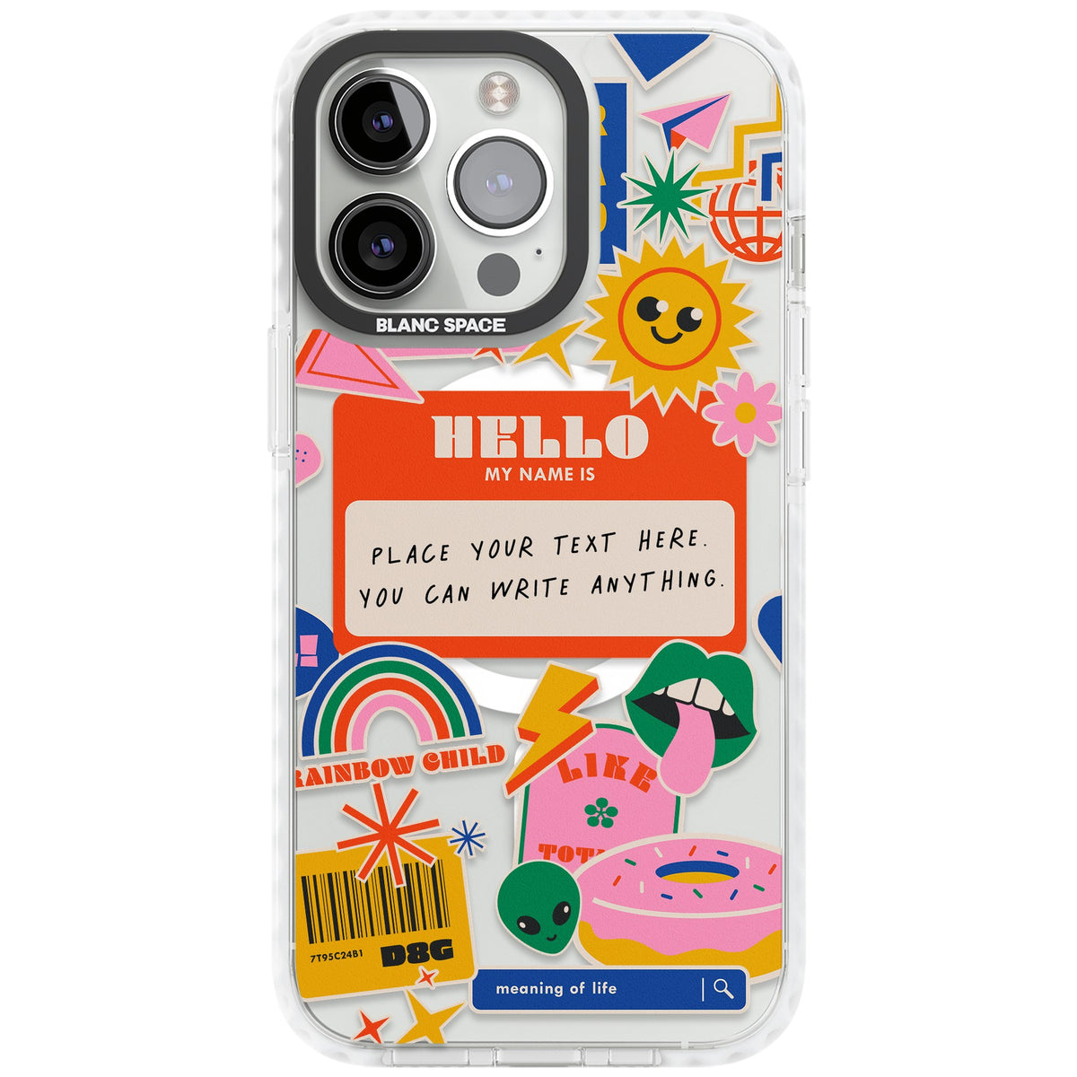 Personalised Retro Nametag Sticker iPhone 13 Pro / iPhone 13 Pro Max / iPhone 14 Pro / iPhone 14 Pro Max / iPhone 15 Pro / iPhone 15 Pro Max Impact Pro Clear Phone Case front
