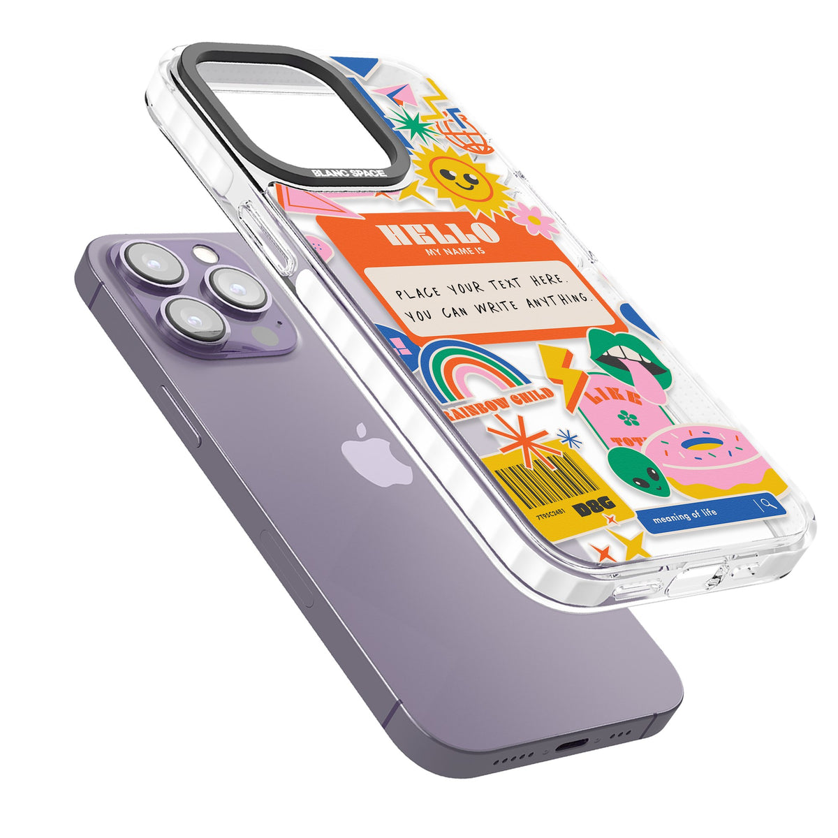 Personalised Retro Nametag Sticker iPhone 13 Pro / iPhone 13 Pro Max / iPhone 14 Pro / iPhone 14 Pro Max / iPhone 15 Pro / iPhone 15 Pro Max Impact Pro Clear Phone Case angled