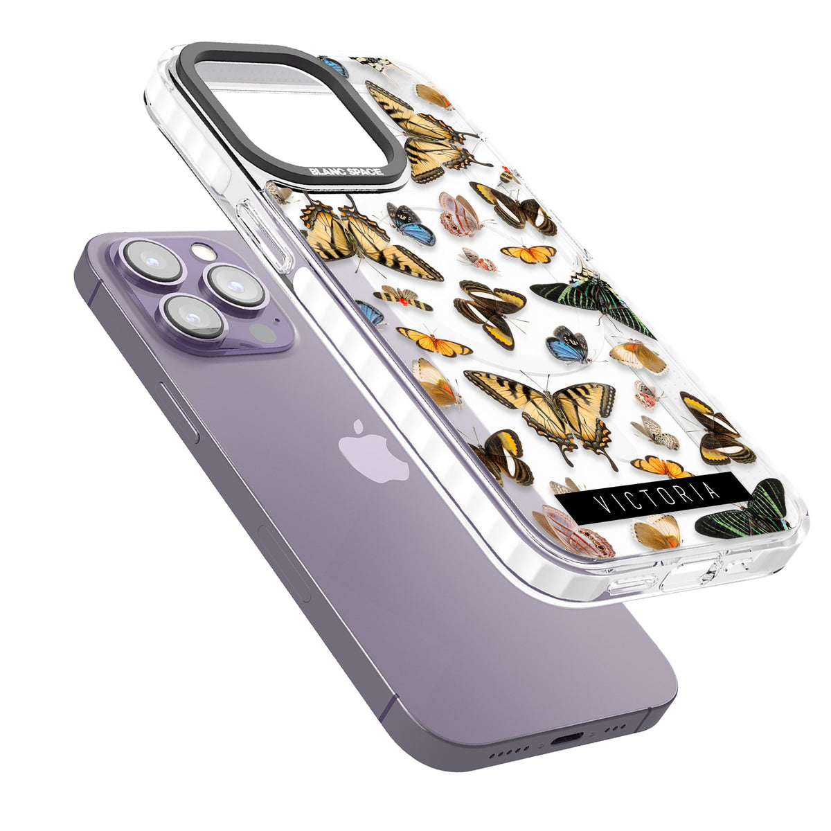 Personalised Butterfly Archive iPhone 13 Pro / iPhone 13 Pro Max / iPhone 14 Pro / iPhone 14 Pro Max / iPhone 15 Pro / iPhone 15 Pro Max Impact Pro Clear Phone Case angled