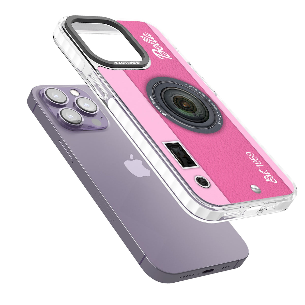 Personalised Pink Dream Camera iPhone 13 Pro / iPhone 13 Pro Max / iPhone 14 Pro / iPhone 14 Pro Max / iPhone 15 Pro / iPhone 15 Pro Max Impact Pro Clear Phone Case angled