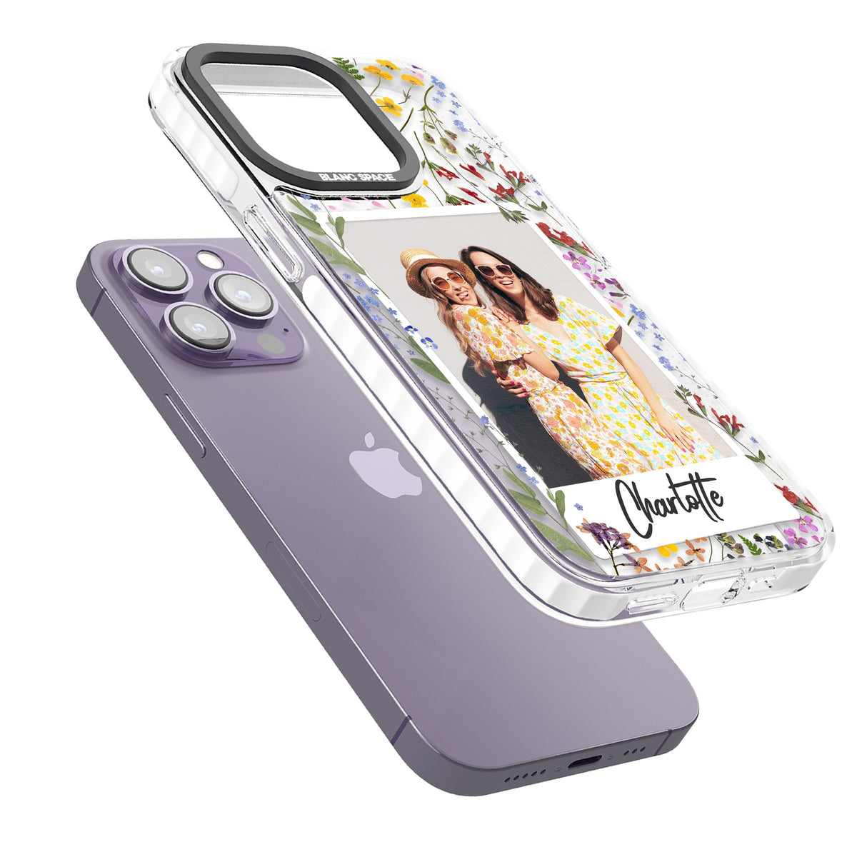 Personalised Wildflower Polaroid iPhone 13 Pro / iPhone 13 Pro Max / iPhone 14 Pro / iPhone 14 Pro Max / iPhone 15 Pro / iPhone 15 Pro Max Impact Pro Clear Phone Case angled