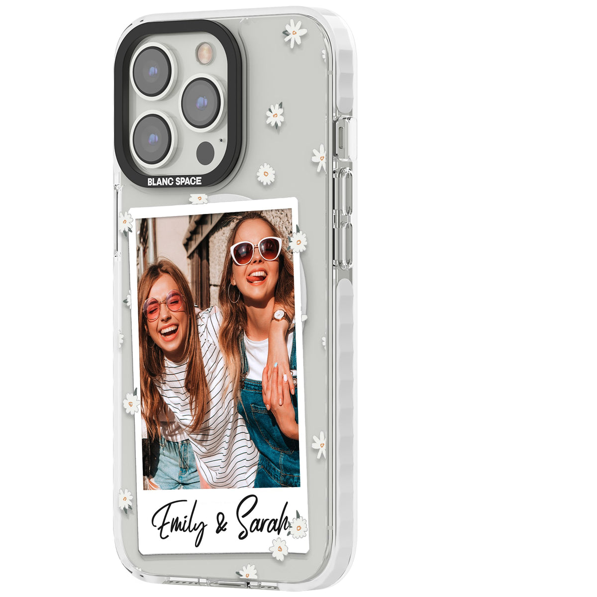 Personalised Daisy Polaroid iPhone 13 Pro / iPhone 13 Pro Max / iPhone 14 Pro / iPhone 14 Pro Max / iPhone 15 Pro / iPhone 15 Pro Max Impact Pro Clear Phone Case side
