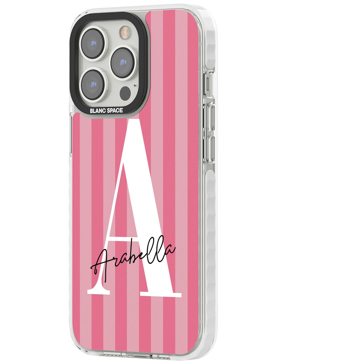 Personalised Pink Stripes iPhone 13 Pro / iPhone 13 Pro Max / iPhone 14 Pro / iPhone 14 Pro Max / iPhone 15 Pro / iPhone 15 Pro Max Impact Pro Clear Phone Case side