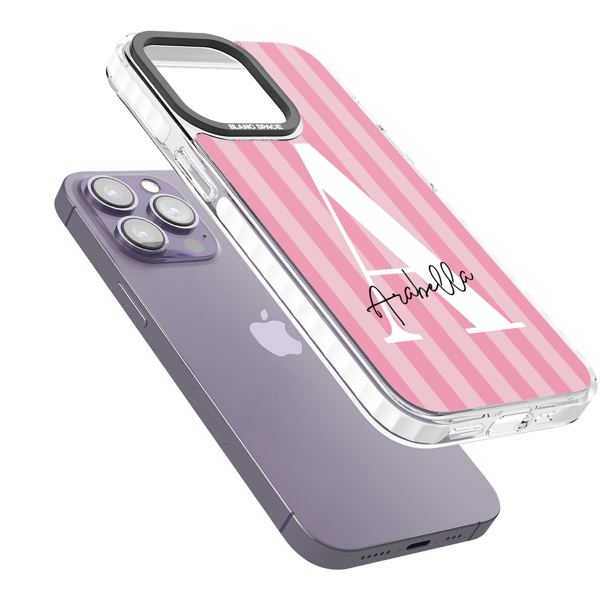 Personalised Pink Stripes iPhone 13 Pro / iPhone 13 Pro Max / iPhone 14 Pro / iPhone 14 Pro Max / iPhone 15 Pro / iPhone 15 Pro Max Impact Pro Clear Phone Case angled
