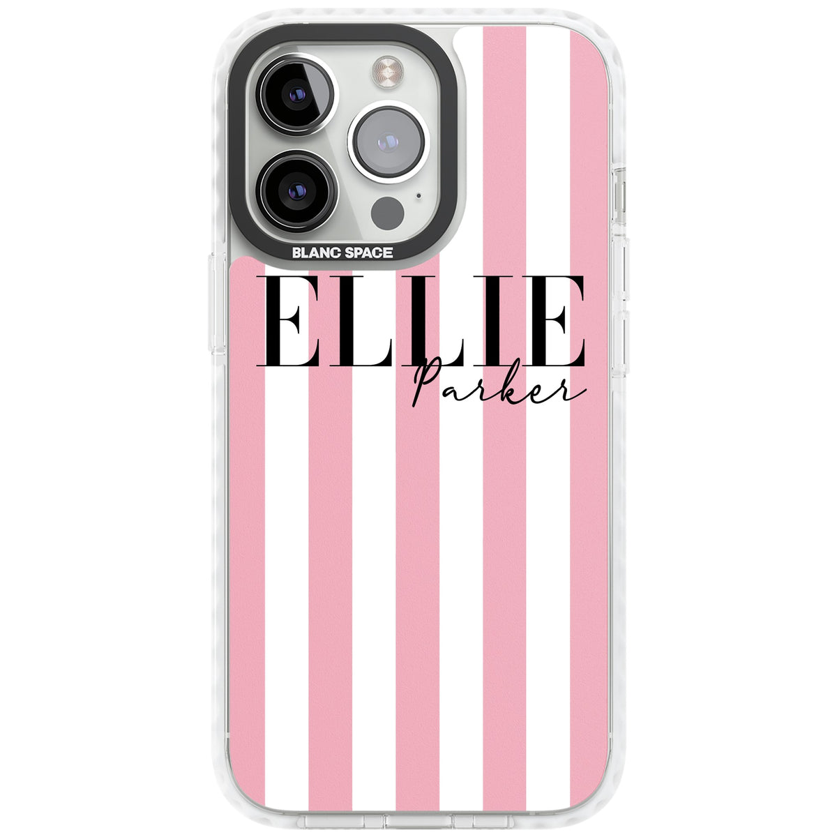 Personalised Pink Stripes iPhone 13 Pro / iPhone 13 Pro Max / iPhone 14 Pro / iPhone 14 Pro Max / iPhone 15 Pro / iPhone 15 Pro Max Impact Pro Clear Phone Case front