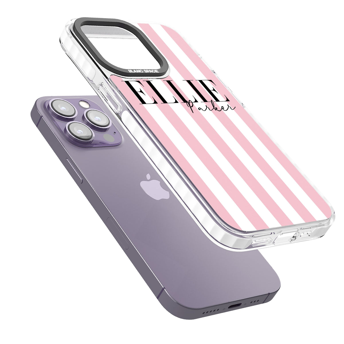 Personalised Pink Stripes iPhone 13 Pro / iPhone 13 Pro Max / iPhone 14 Pro / iPhone 14 Pro Max / iPhone 15 Pro / iPhone 15 Pro Max Impact Pro Clear Phone Case angled