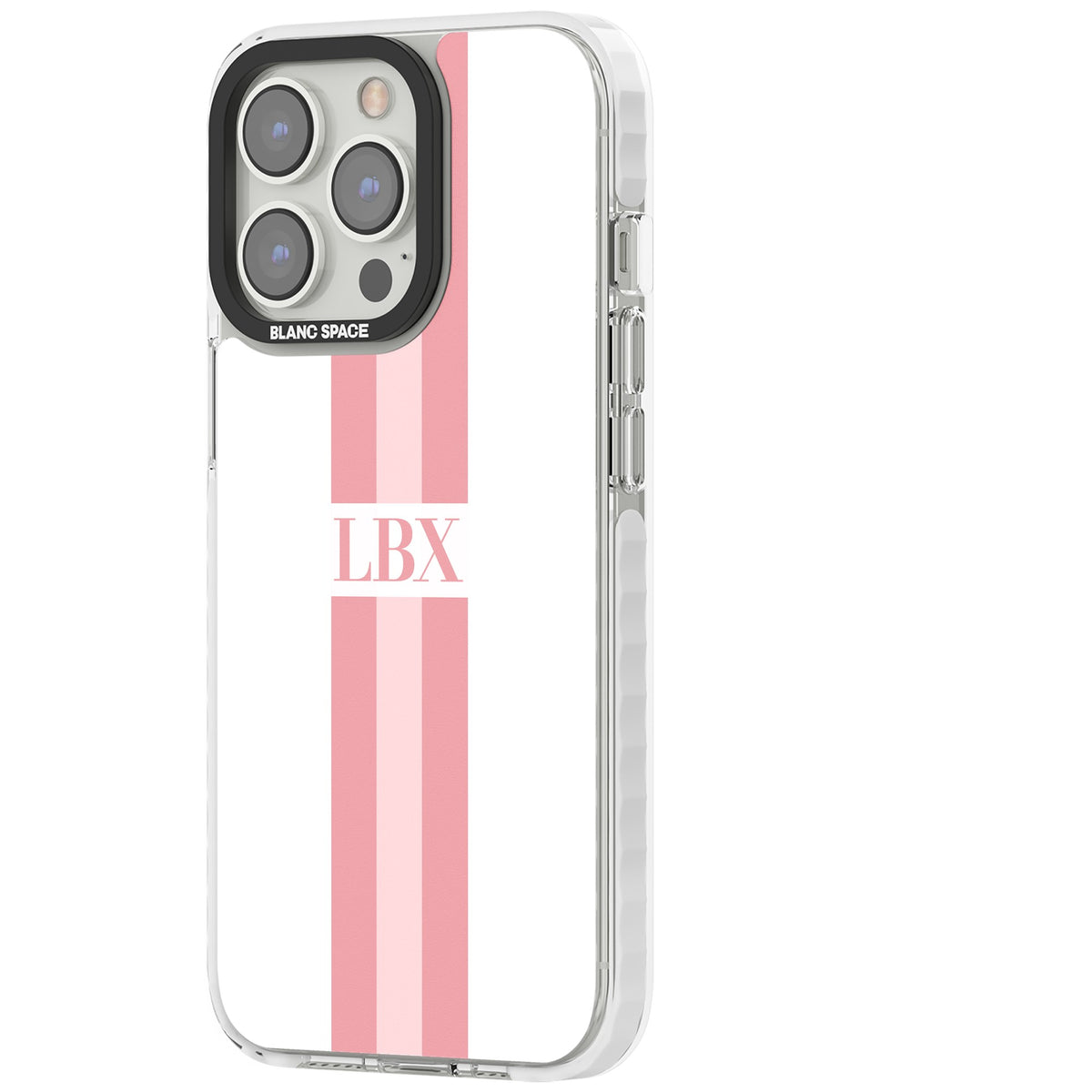 Personalised Minimal Pink Stripe iPhone 13 Pro / iPhone 13 Pro Max / iPhone 14 Pro / iPhone 14 Pro Max / iPhone 15 Pro / iPhone 15 Pro Max Impact Pro Clear Phone Case side