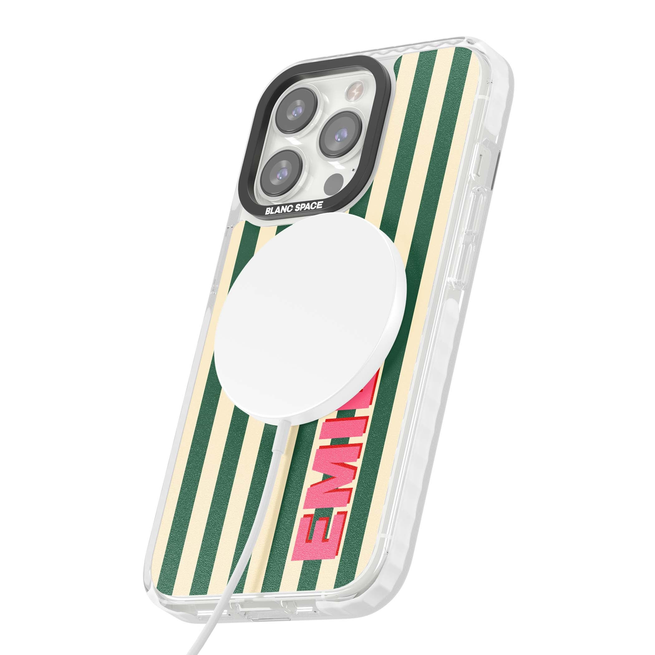Wimbledon Stripe preppy iPhone case featuring green and cream vertical stripes with a personalised pink name | Impact Magsafe case for iPhone 13 Pro, iPhone 14 Pro, iPhone 15 Pro