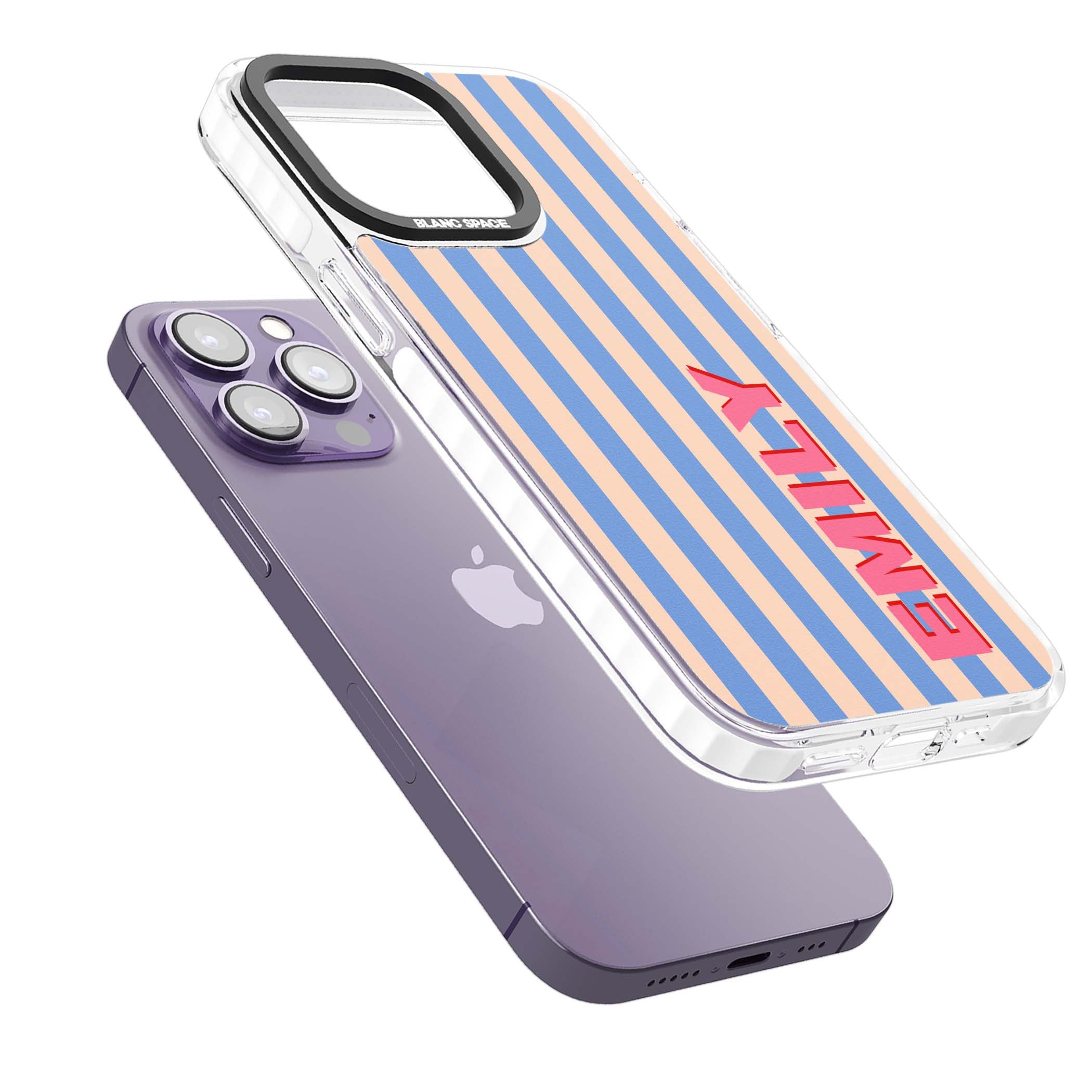 Coastal Stripe personalised coastal iPhone case with blue and peach vertical stripes and custom pink name | Impact Magsafe case for iPhone 13 Pro, iPhone 14 Pro, iPhone 15 Pro