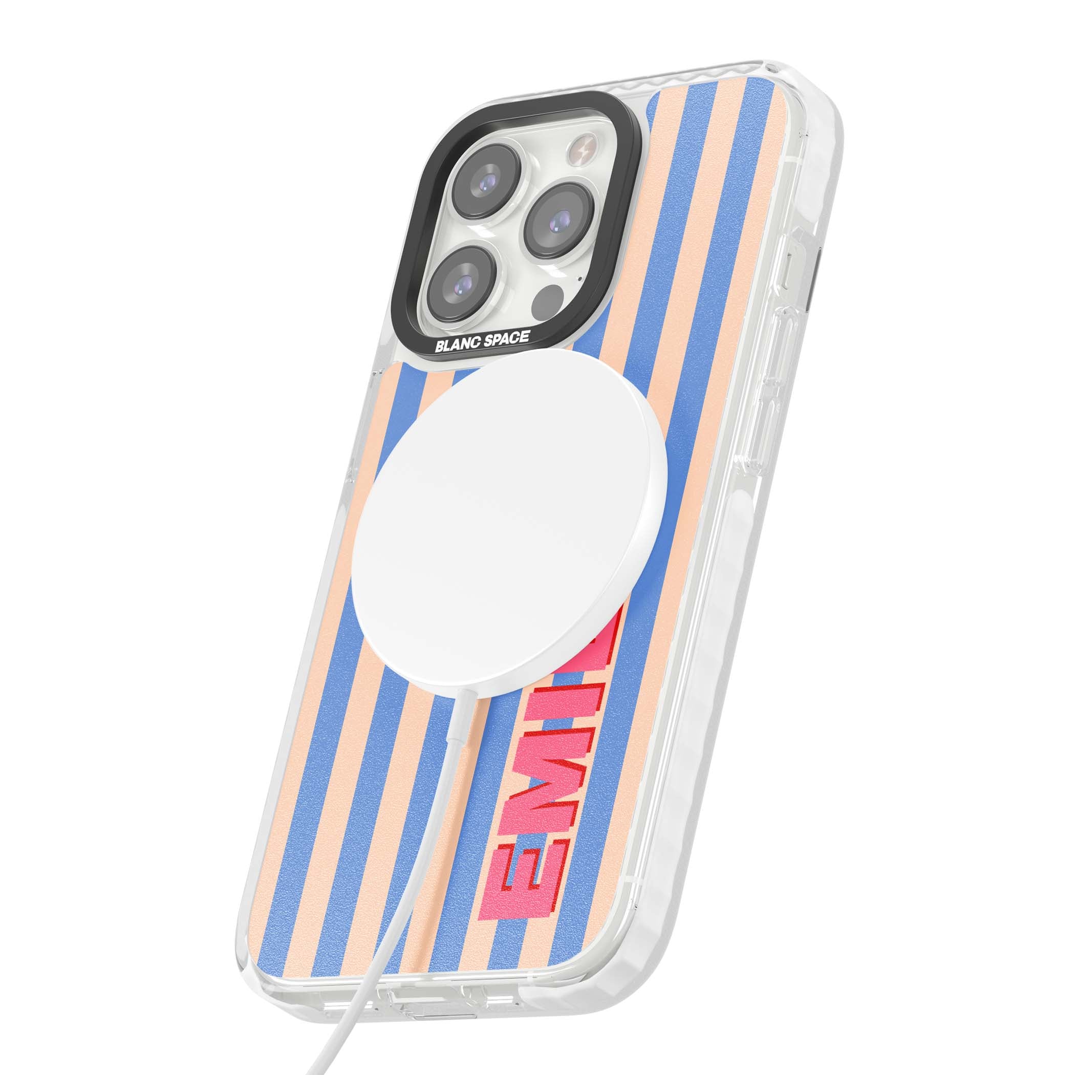 Coastal Stripe personalised coastal iPhone case with blue and peach vertical stripes and custom pink name | Impact Magsafe case for iPhone 13 Pro, iPhone 14 Pro, iPhone 15 Pro