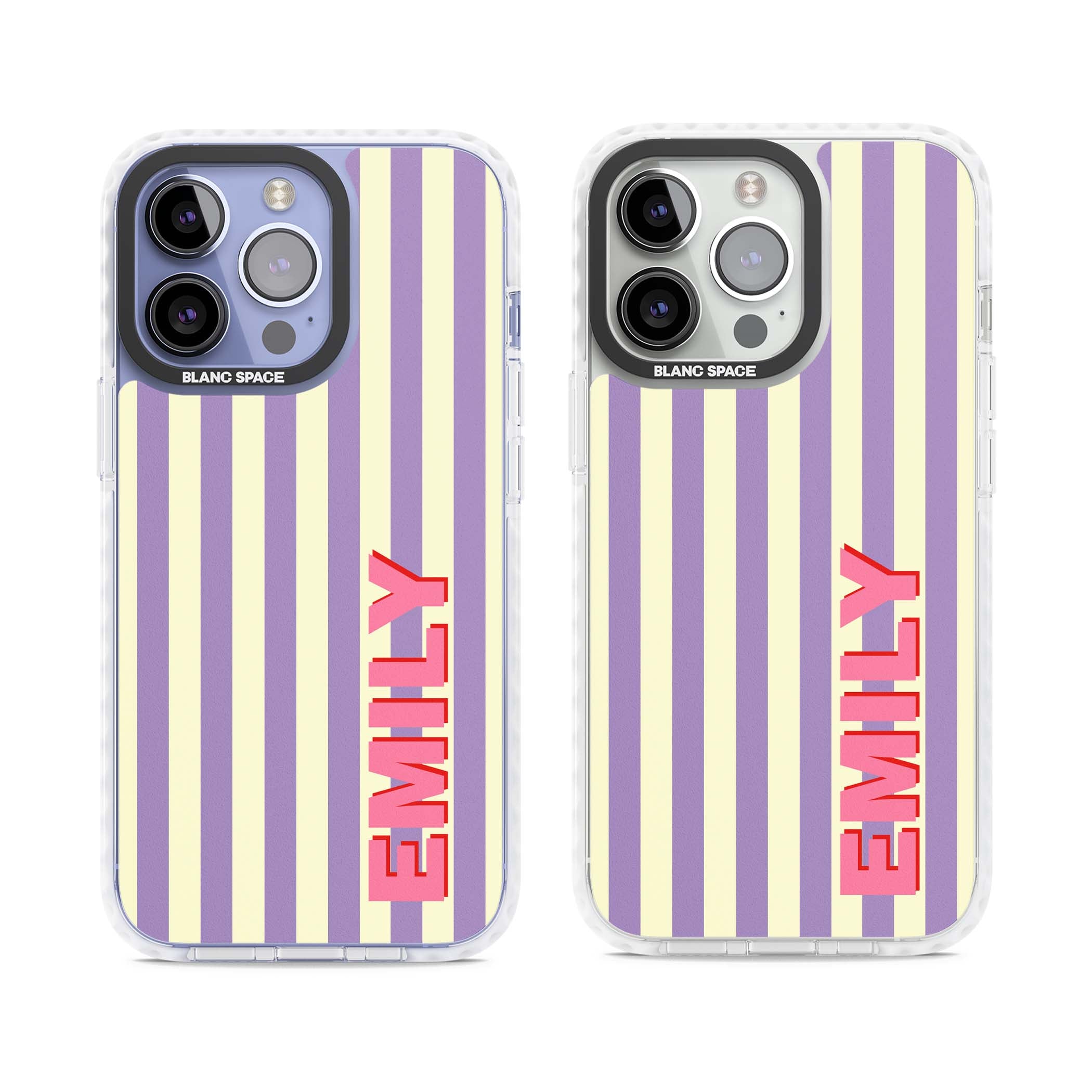 Valensole Stripe personalised iPhone case with purple and cream vertical stripes and pink custom name | Impact Magsafe case for iPhone 13 Pro, iPhone 14 Pro, iPhone 15 Pro