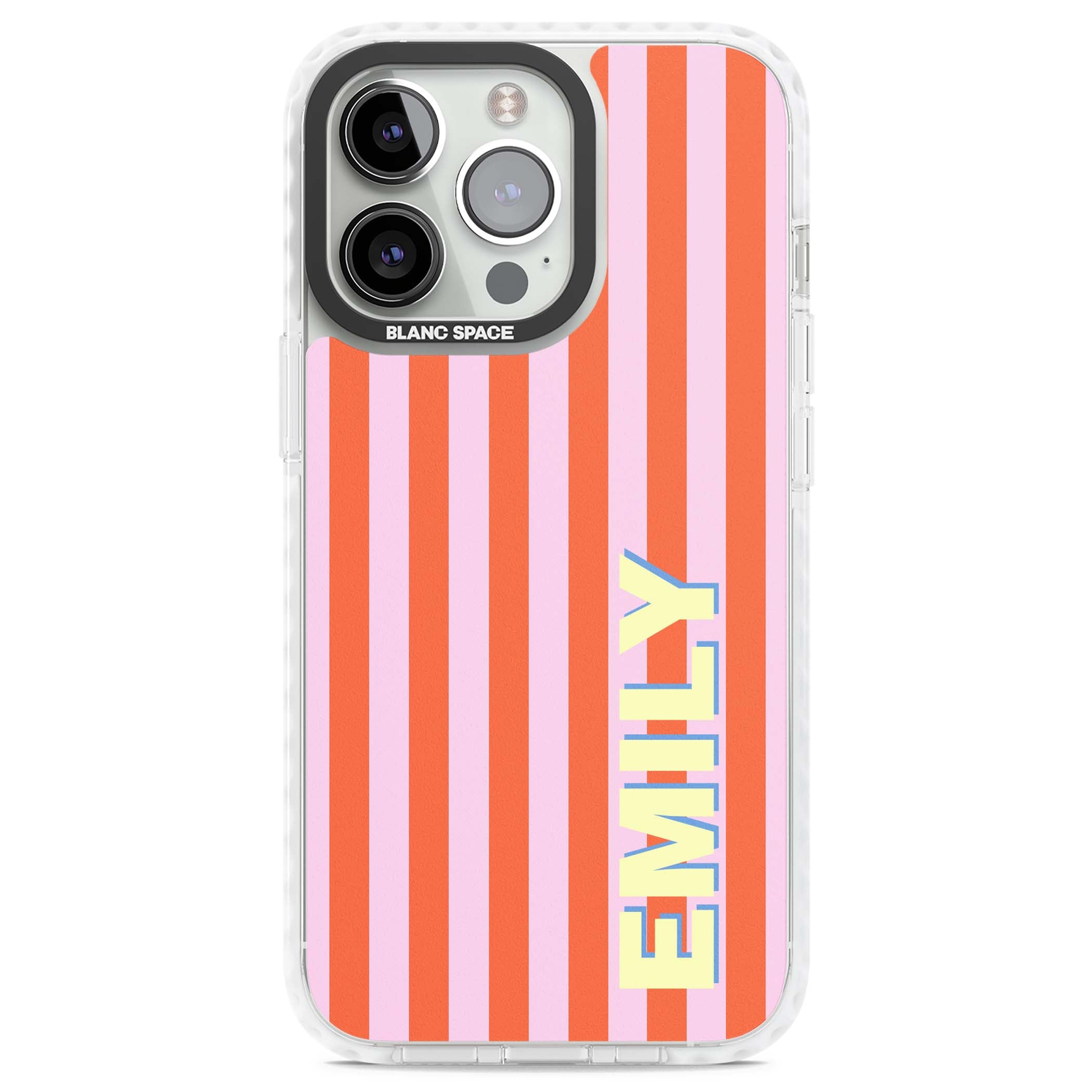 Havana Stripe personalised iPhone case featuring pink and orange vertical stripes with a custom yellow name | Impact Magsafe case for iPhone 13 Pro, iPhone 14 Pro, iPhone 15 Pro