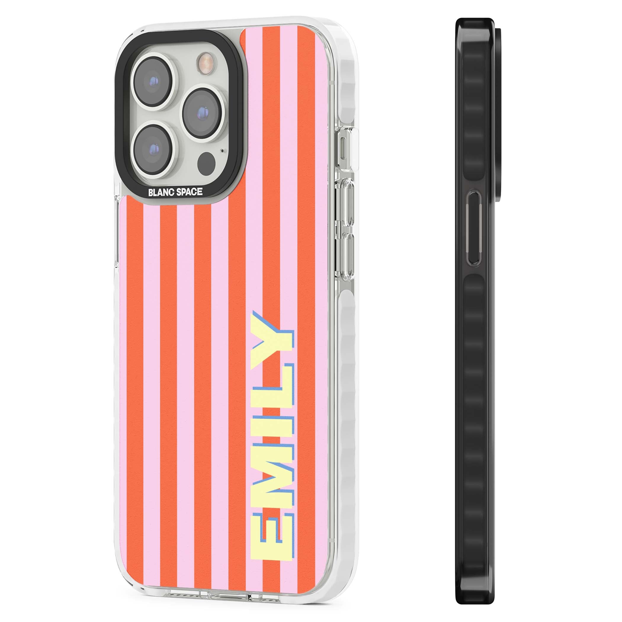 Havana Stripe personalised iPhone case featuring pink and orange vertical stripes with a custom yellow name | Impact Magsafe case for iPhone 13 Pro, iPhone 14 Pro, iPhone 15 Pro