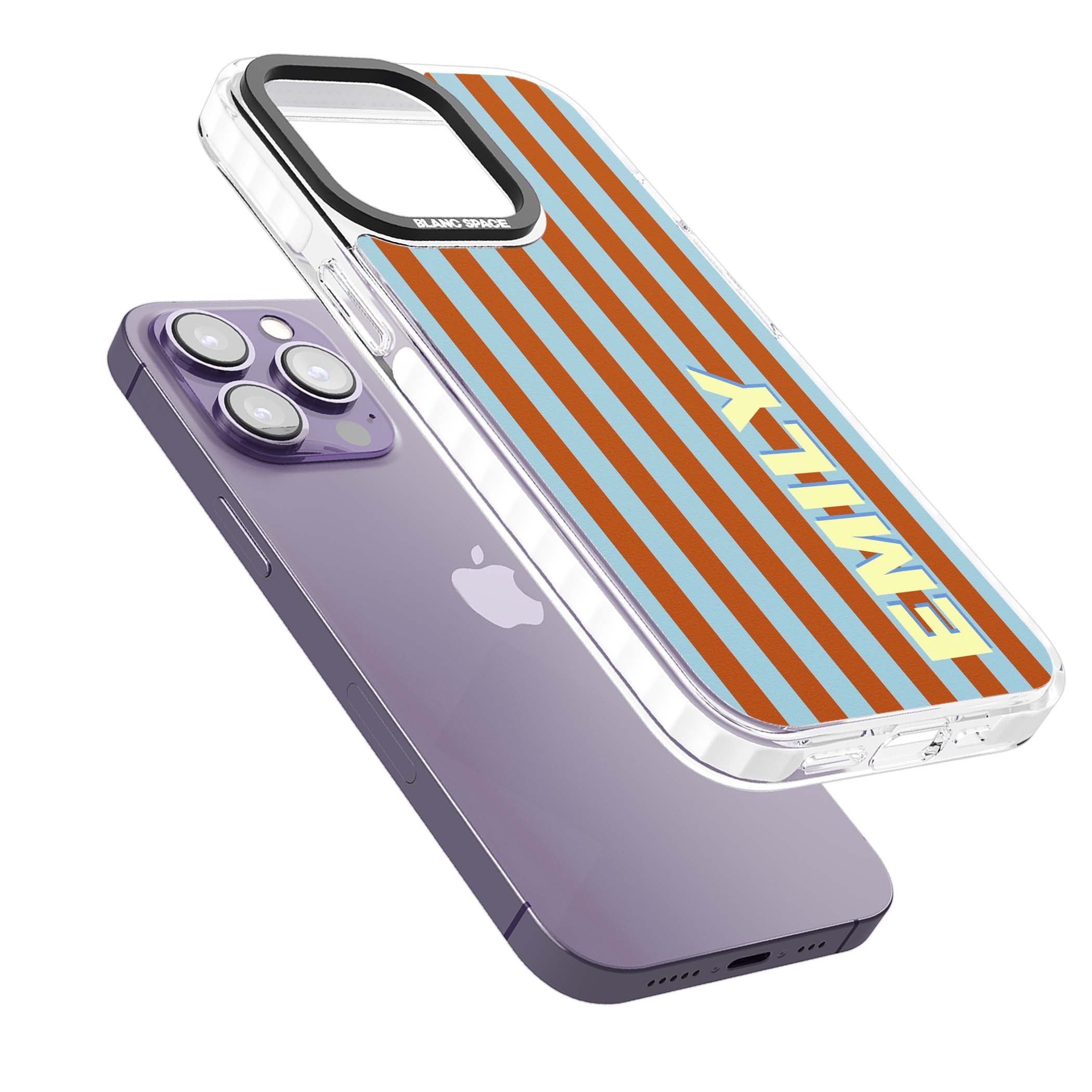Cappadocia Stripe personalised coastal iPhone case featuring blue and orange vertical stripes with custom cream name | Impact Magsafe case for iPhone 13 Pro, iPhone 14 Pro, iPhone 15 Pro