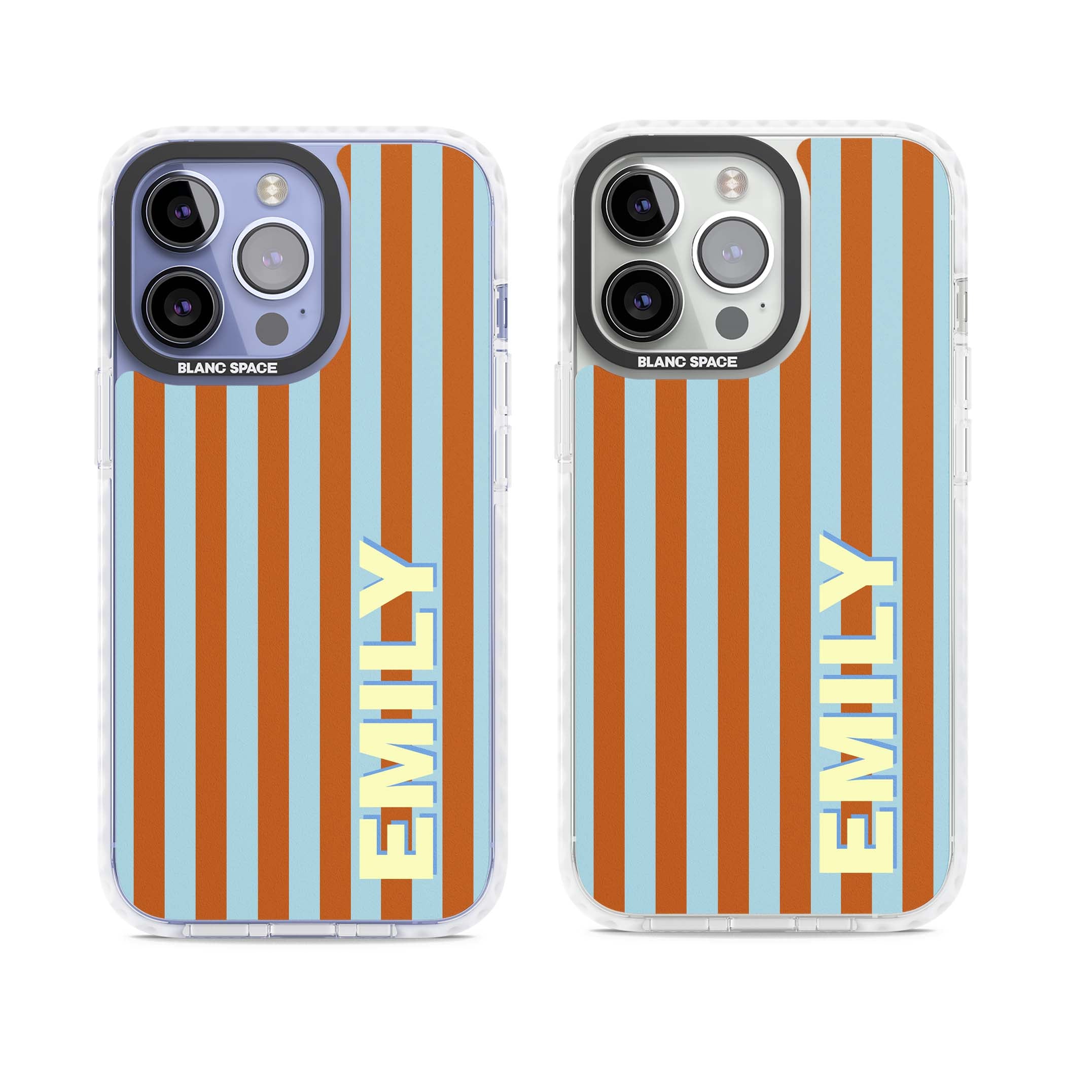 Cappadocia Stripe personalised coastal iPhone case featuring blue and orange vertical stripes with custom cream name | Impact Magsafe case for iPhone 13 Pro, iPhone 14 Pro, iPhone 15 Pro