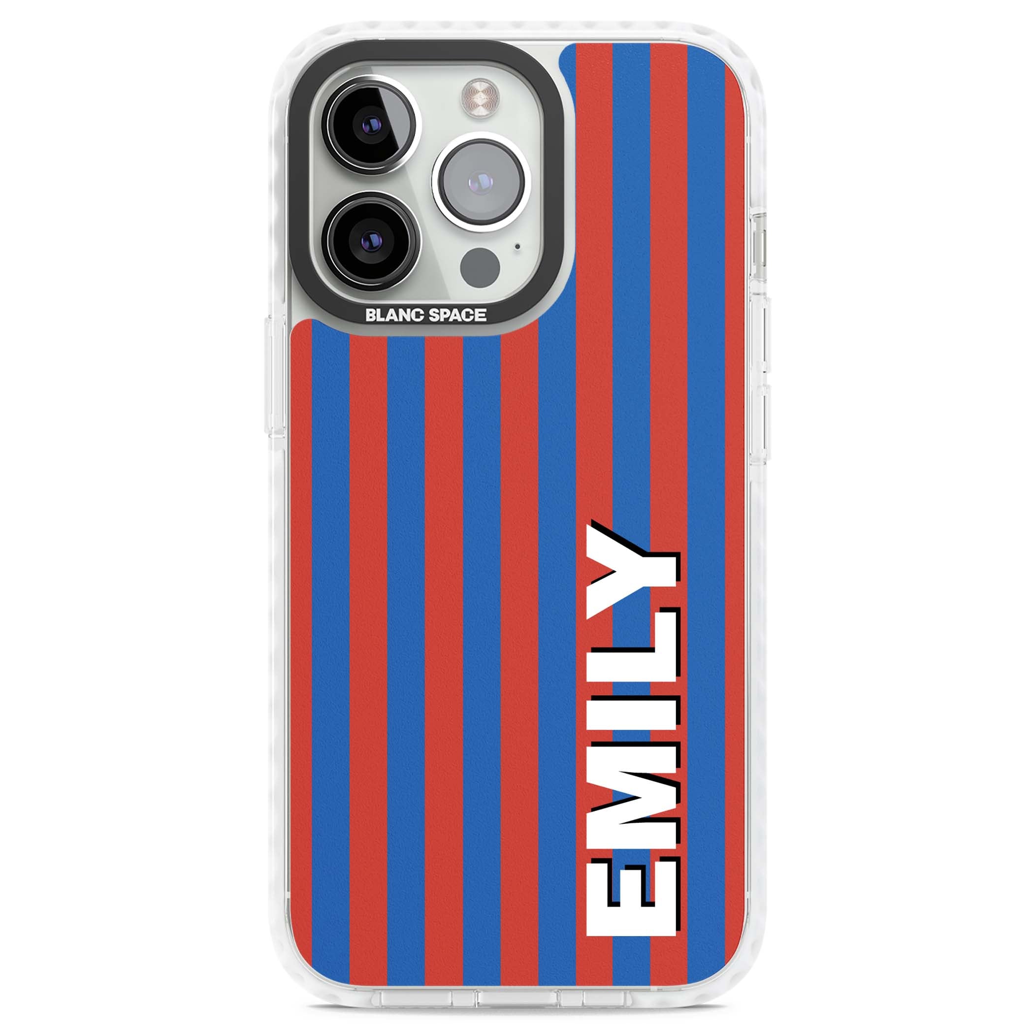 Cuban Stripe personalised iPhone case featuring red and blue vertical stripes with custom name in bold white letters | Impact Magsafe case for iPhone 13 Pro, iPhone 14 Pro, iPhone 15 Pro